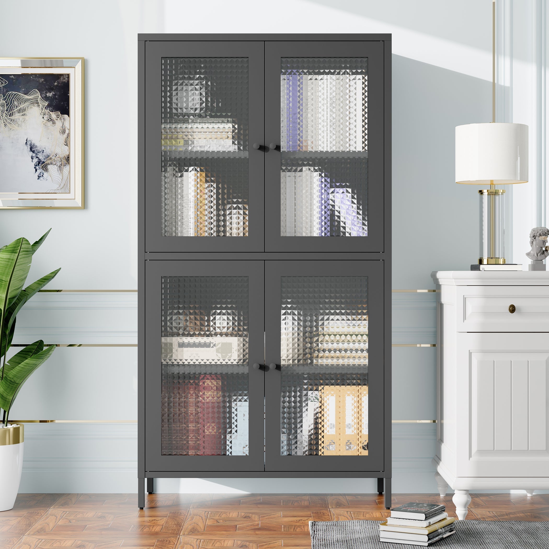Classic Metal Storage Cabinet Display Cabinet with 4 Glass Doors 4 Shelves Cabinet  Bookcase Side Cabinet for Home Office Living Room Kitchen Hallway - Black, Waffle Grids Tempered Glass