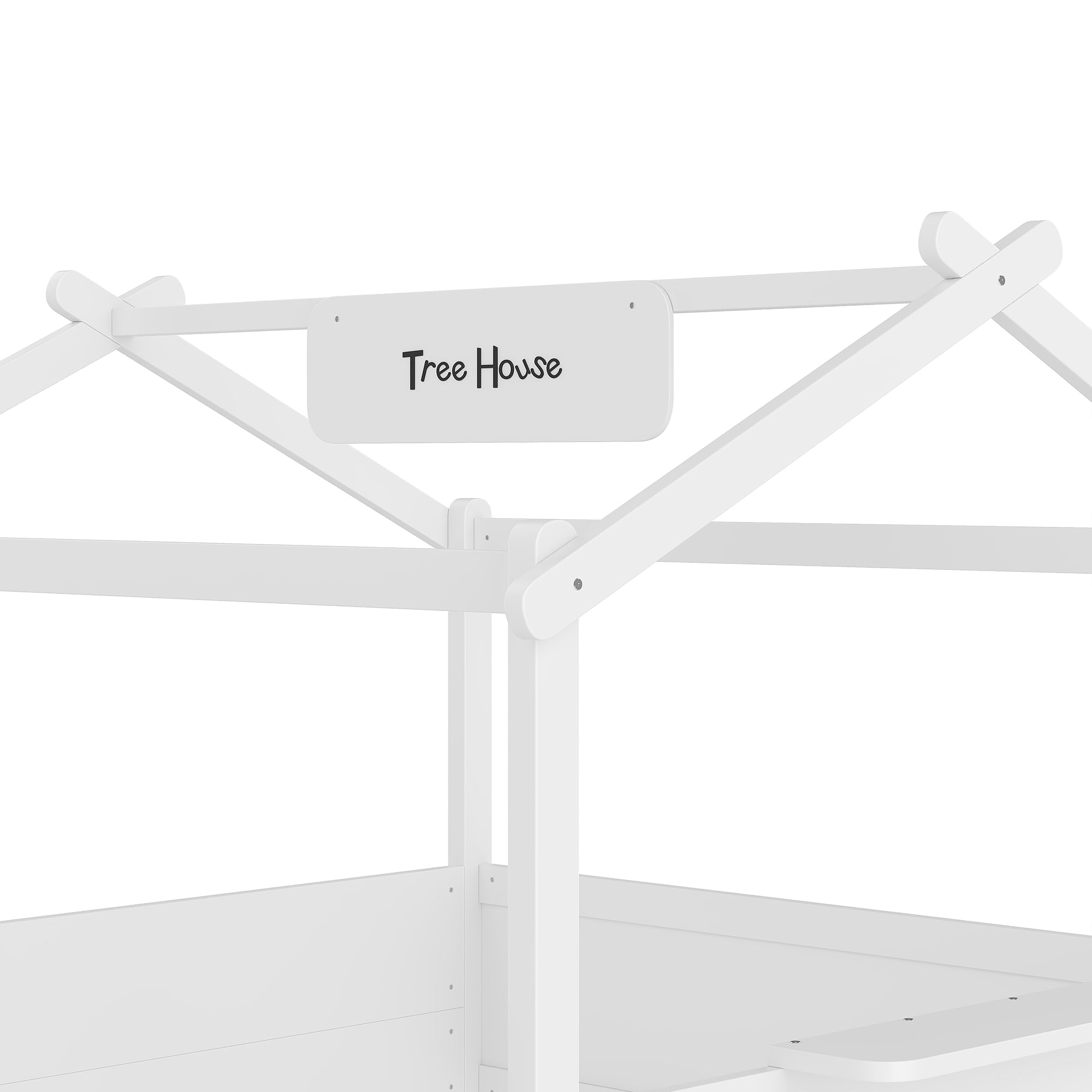 Queen Size Floor Bed with Guardrails and Roof, Kids House Floor Bed with a Small Built-in Tray and Free-installed Signboard, Childlike Design, White