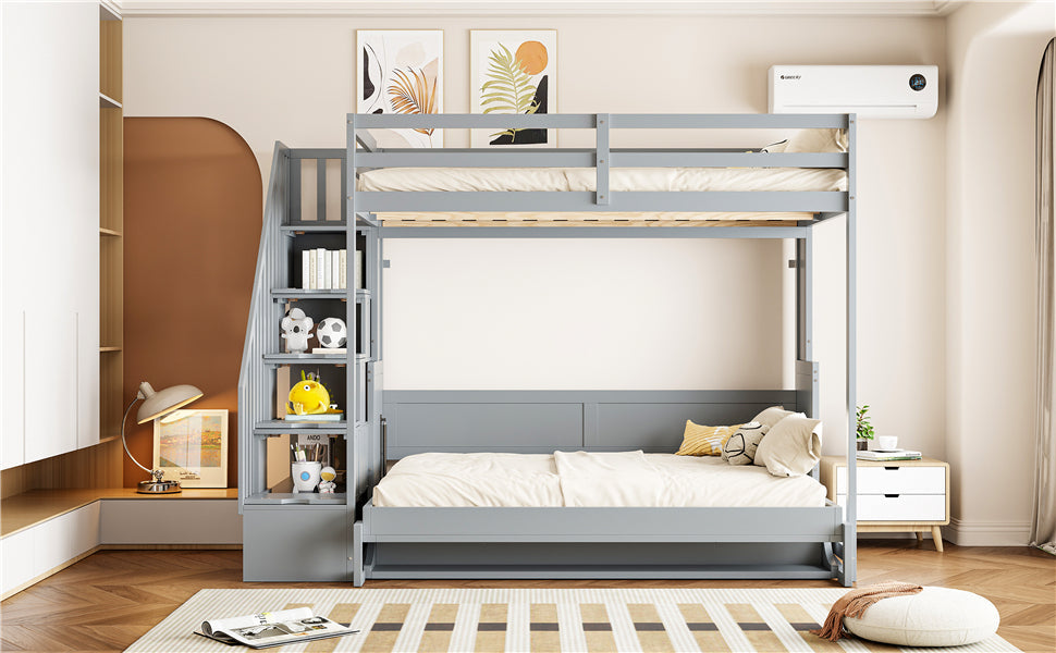Full Over Full Size Murphy Bed with Hydraulic Lift & Desk Design, Gray