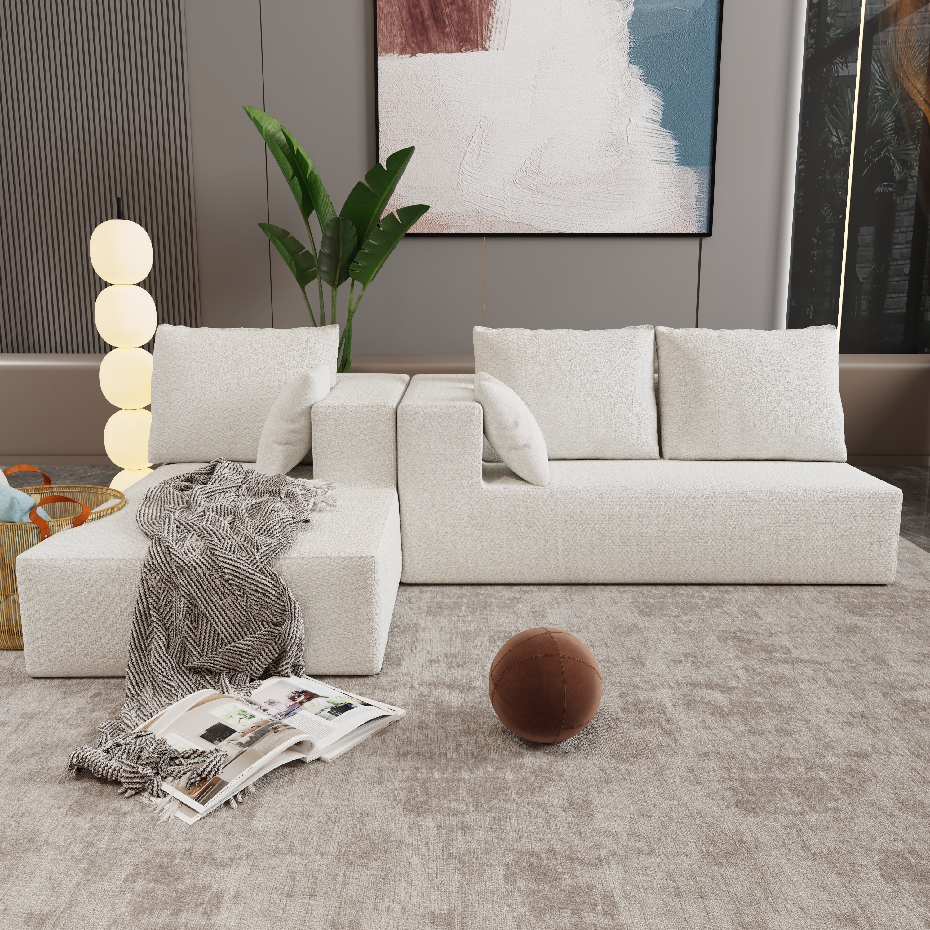Combination sofa and sofa bed on the right corner, made of high-density sponge and soft linen fabric, with multiple combination methods (beige)