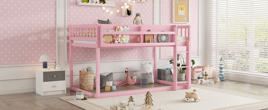 Low Twin Over Twin Bunk Bed, Floor Bunk Bed with Ladder, Solid Wood Twin Bunk Bed for Kids & Juniors, Pink(Expect Arrival Date 2025/11/25)