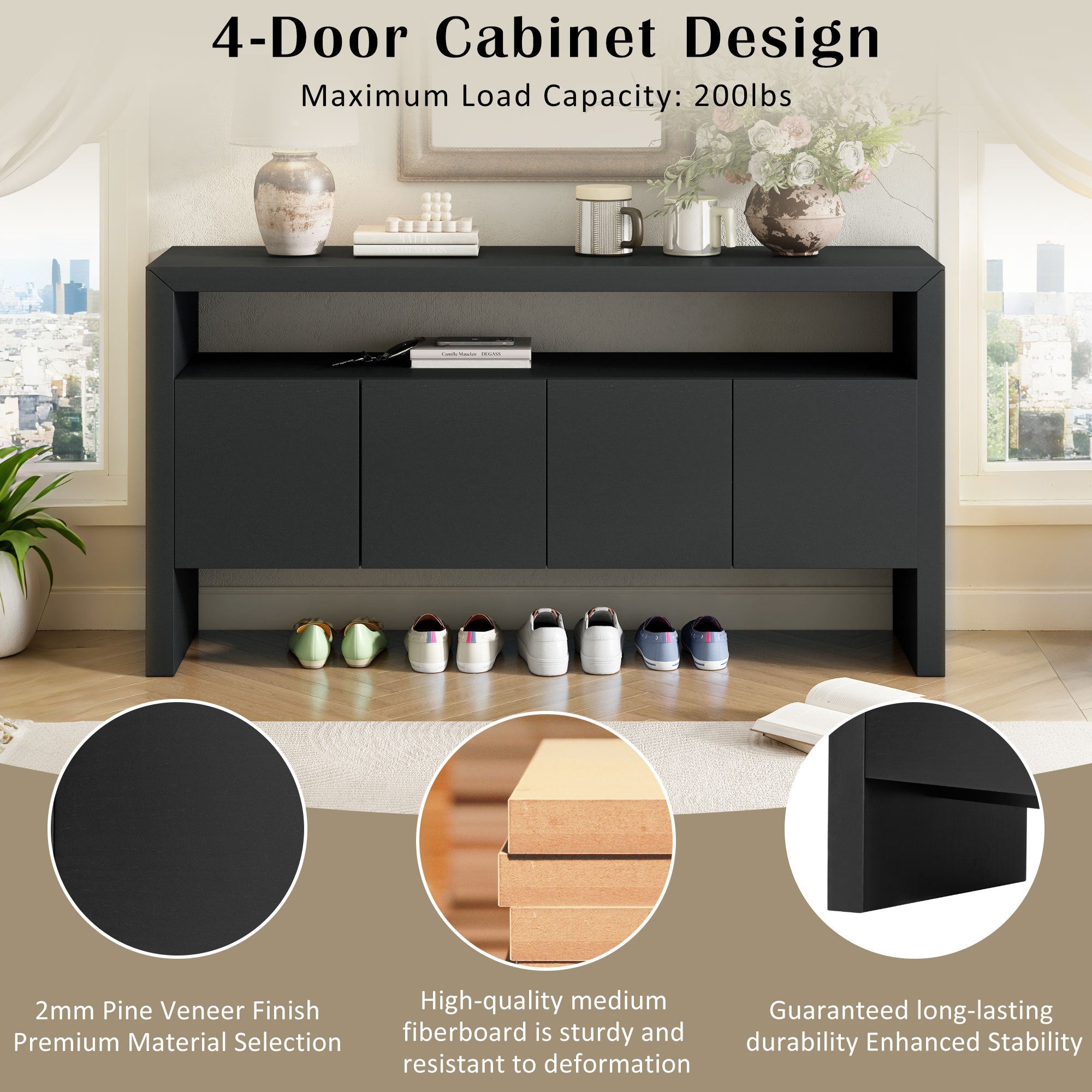 U_Style 60' 4-Door Sideboard, Modern Minimalist Solid Wood Veneer Sideboard with Open Shelf, Natural Wood Grain, Large Capacity Storage Console for Living Room, Hallway, Dining (Black/Natural)