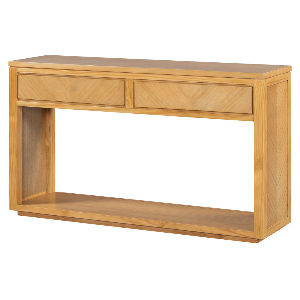 TREXM 55' Console Table, Rustic Wooden Entryway Table with Storage Drawers and Open Shelf, Elegant Sofa Table for Hallway and Living Room (Natural)