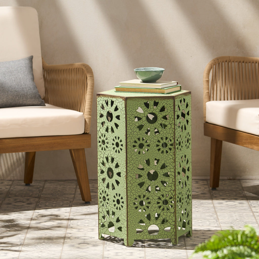 Galore 14' Side Table with Sunburst Cut Out Design, Green