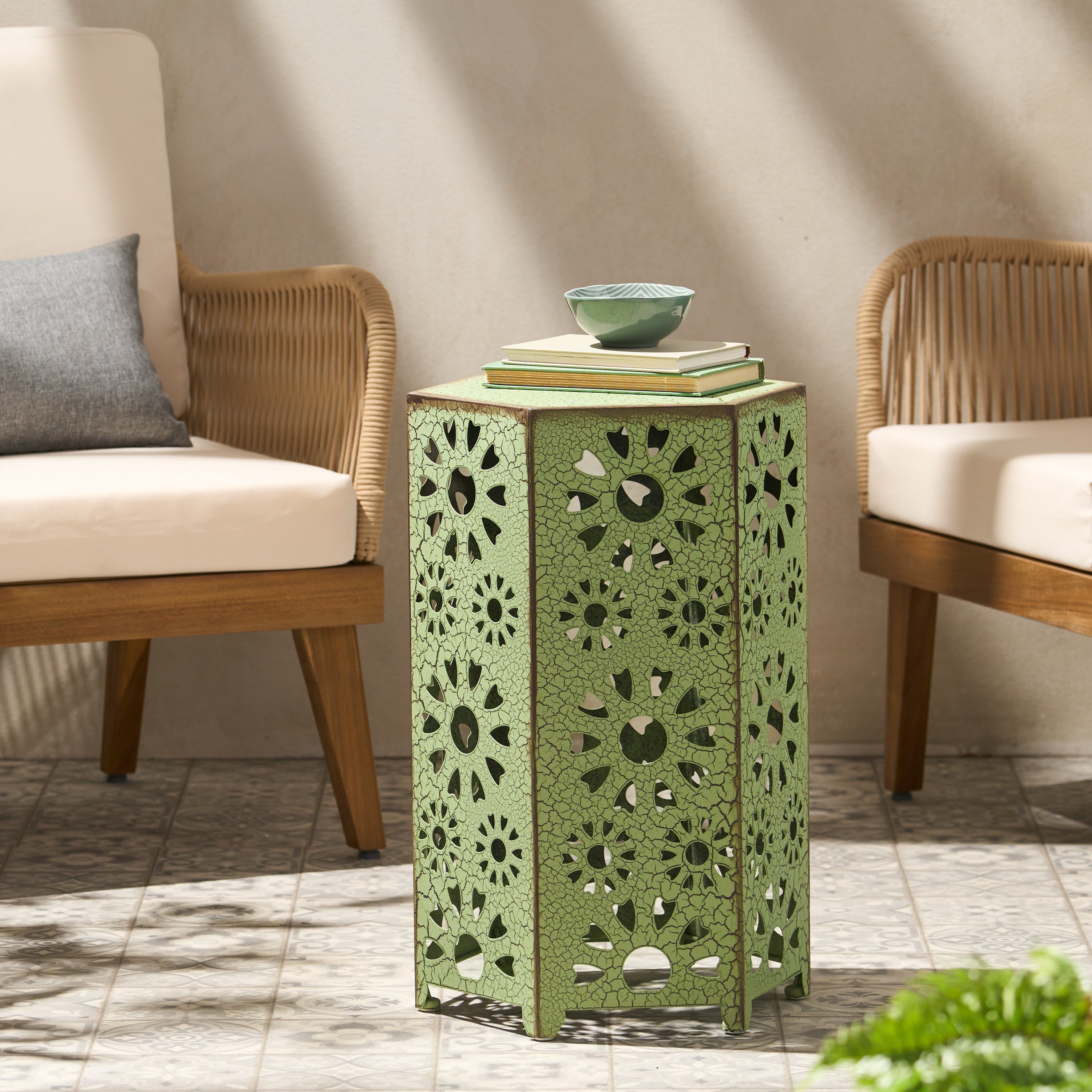 Galore 14' Side Table with Sunburst Cut Out Design, Green