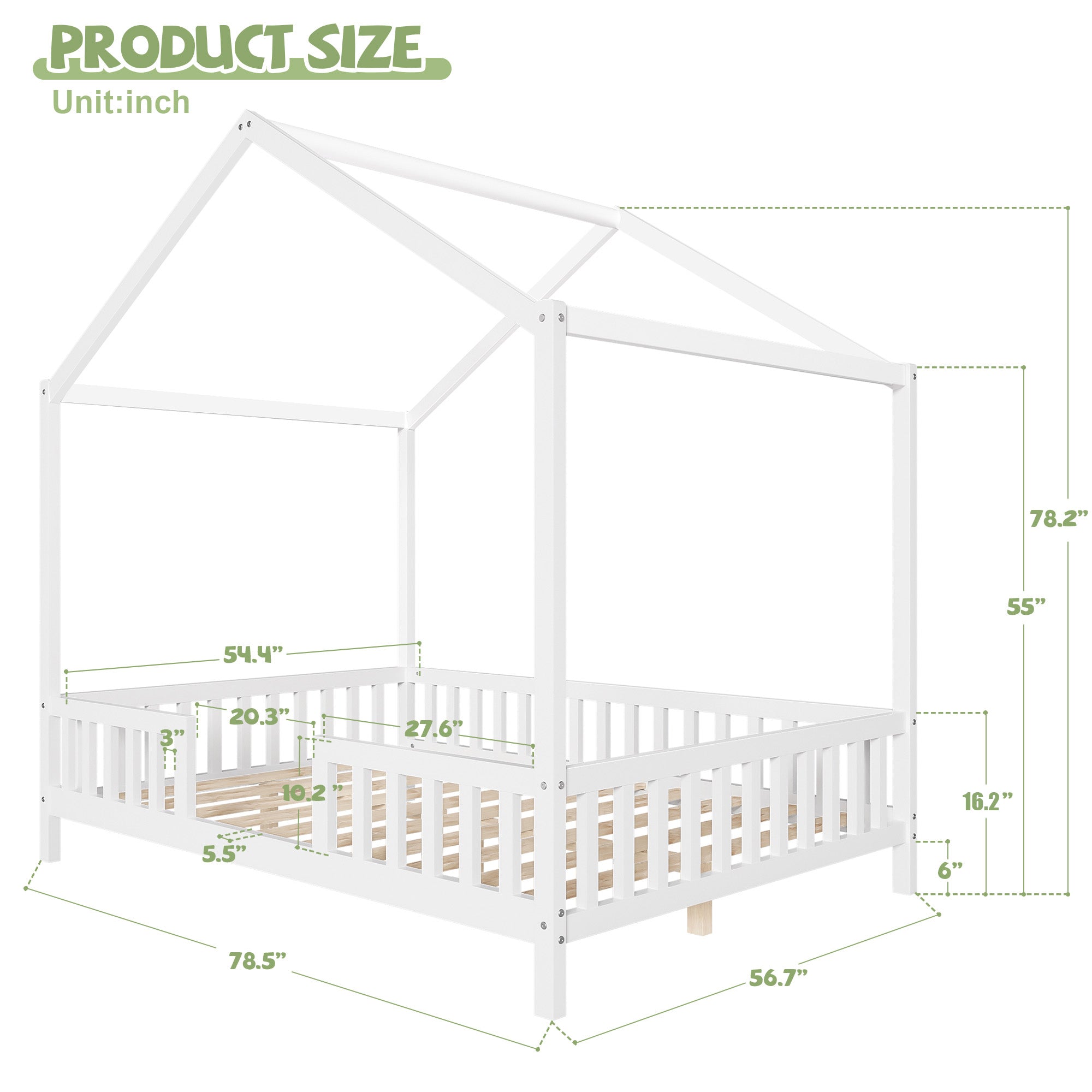 Montessori Floor Bed with Canopy, Full Bed Frame for Kids, House Shape Kids Bed Frame with High Railings, Wood Kids Bed with Roof, Kid Full Bed, White
