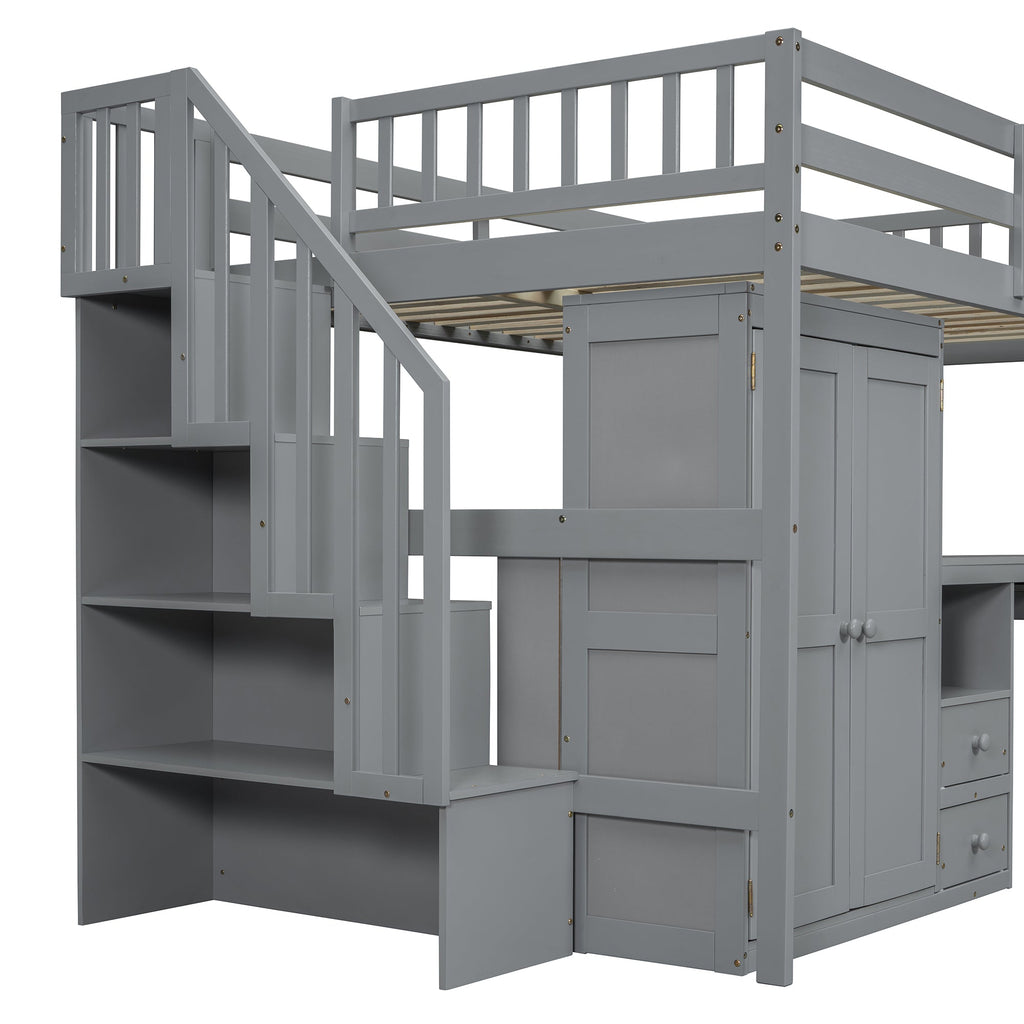 Full Size Loft Bed with Stairs, Bookshelf, Drawers, Desk & Wardrobe – Space-Saving Multifunctional Furniture for Kids & Teens-Gray