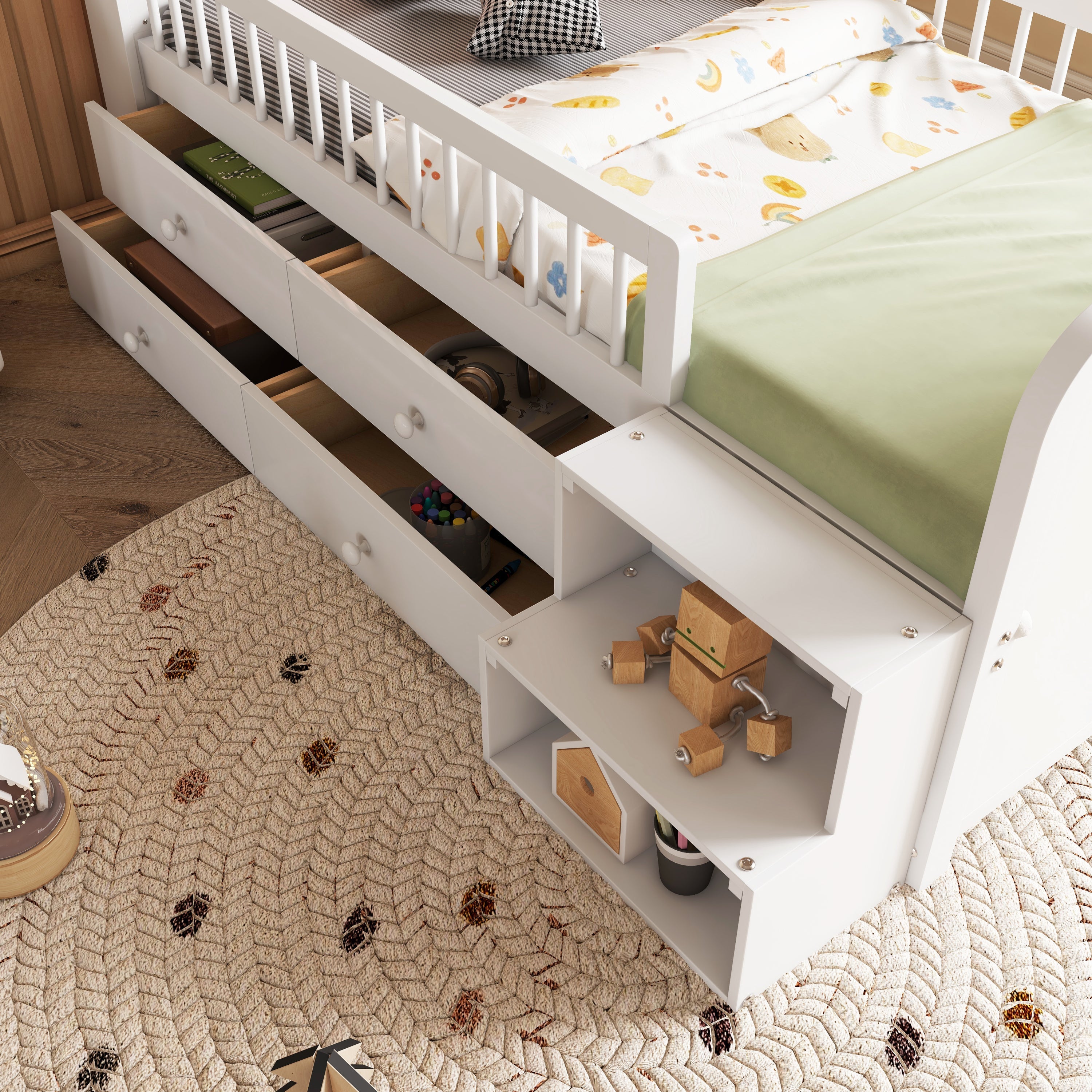 Low Loft Bed with LED Lights, Wooden Twin Loft Bed with House Shape Headboard, Kids Loft Bed with Storage Drawers, White (Expect Arrival Date 2025/1/20)