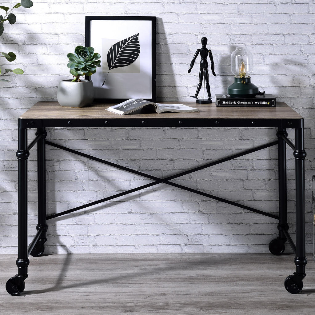 Rectangular Wooden Table Top Writing Desk, Rustic Oak and Black