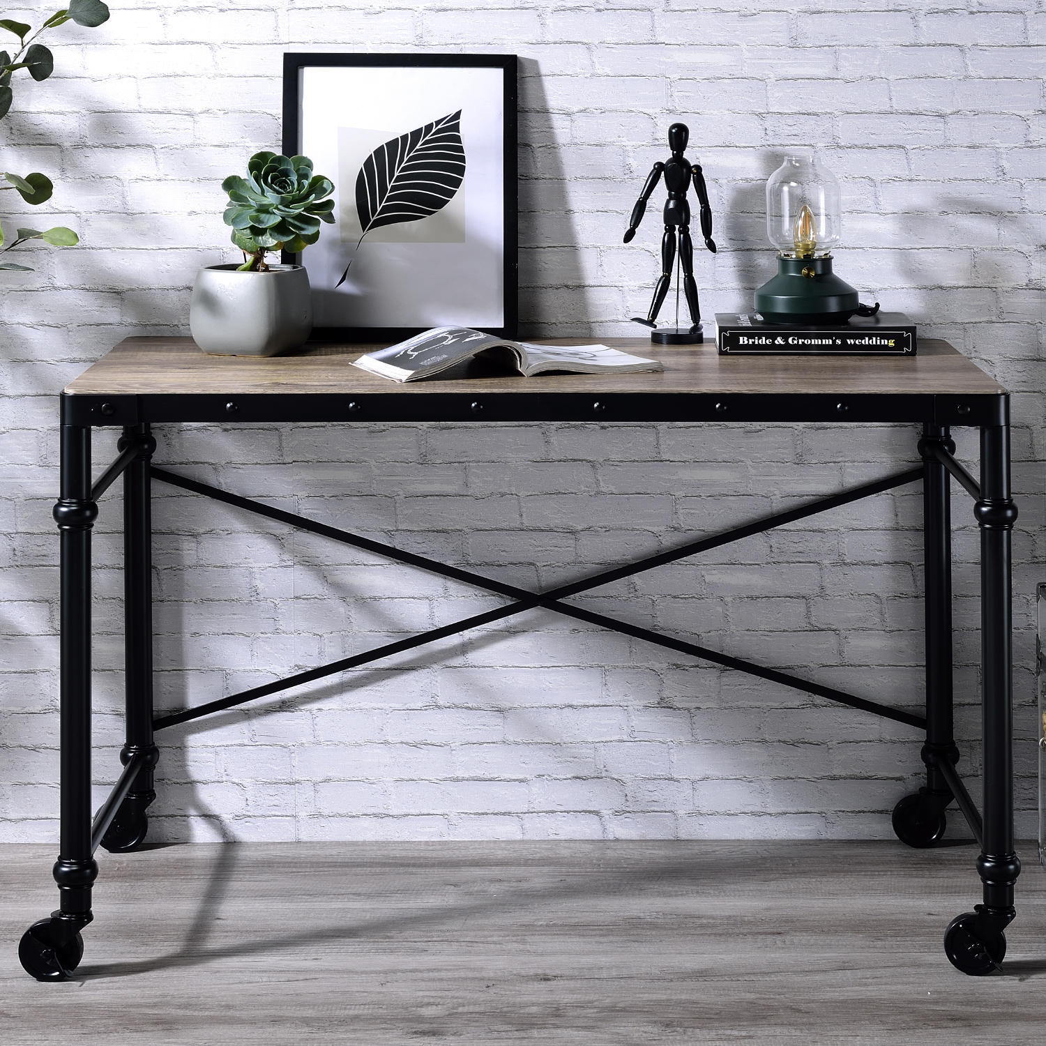Rectangular Wooden Table Top Writing Desk, Rustic Oak and Black