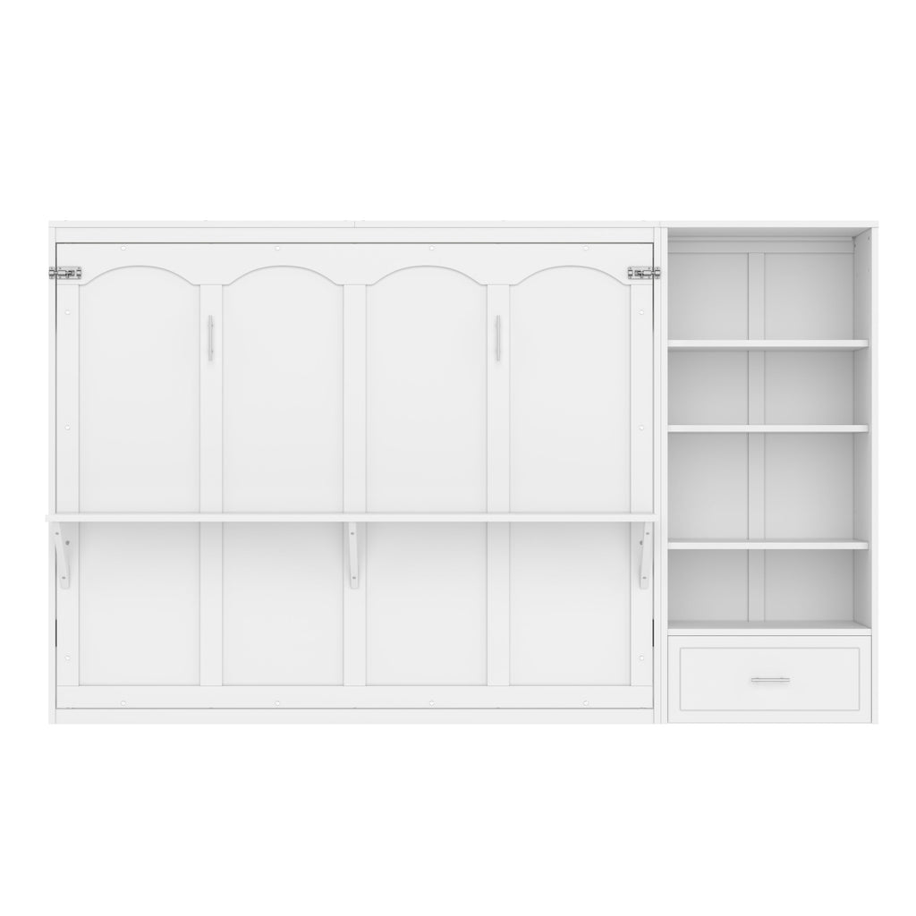 Queen Size Murphy Bed with Height Adjustable Storage Compartments and Shelf, Wall Bed Frame With 1 Drawer, Multifunctional Foldable Platform Bed for Small Space,Bedroom,Guest Room, White