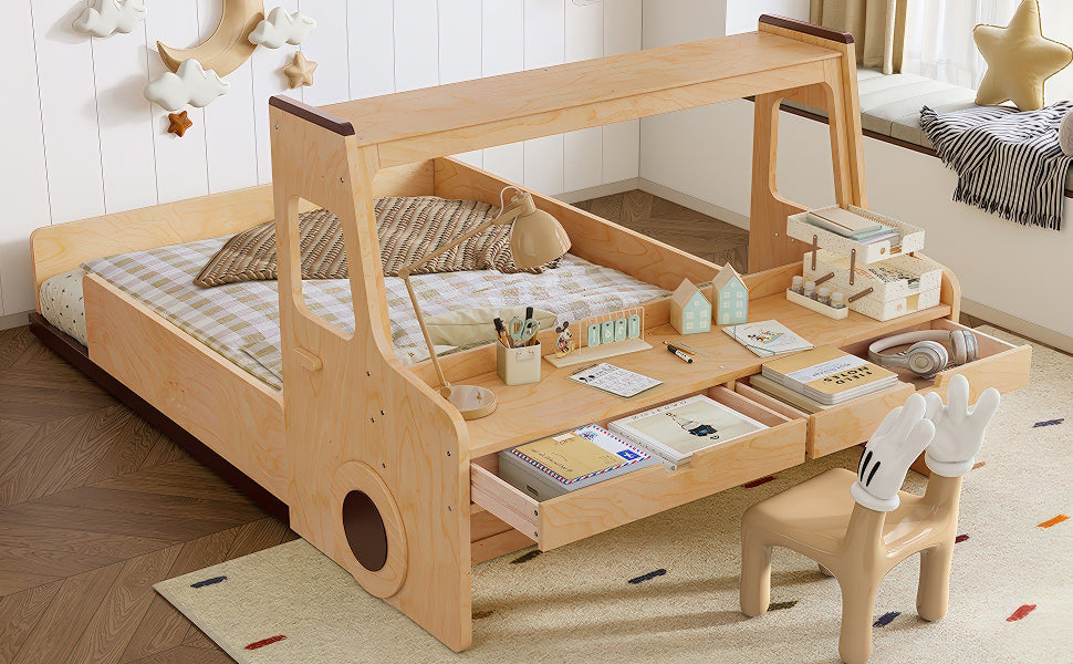 Full Size Floor Bed with Interesting Car-shape Design, Kids Car Floor Bed with Storage Drawers, Window, and Desk, Childlike Design, Natural