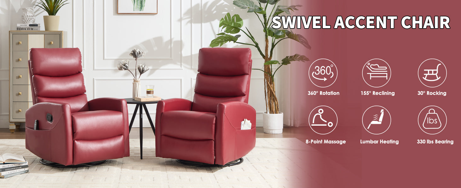 Heat Massage Manual Recliner Chair with Rocker and Swivel in Fabric for Living Room, Red