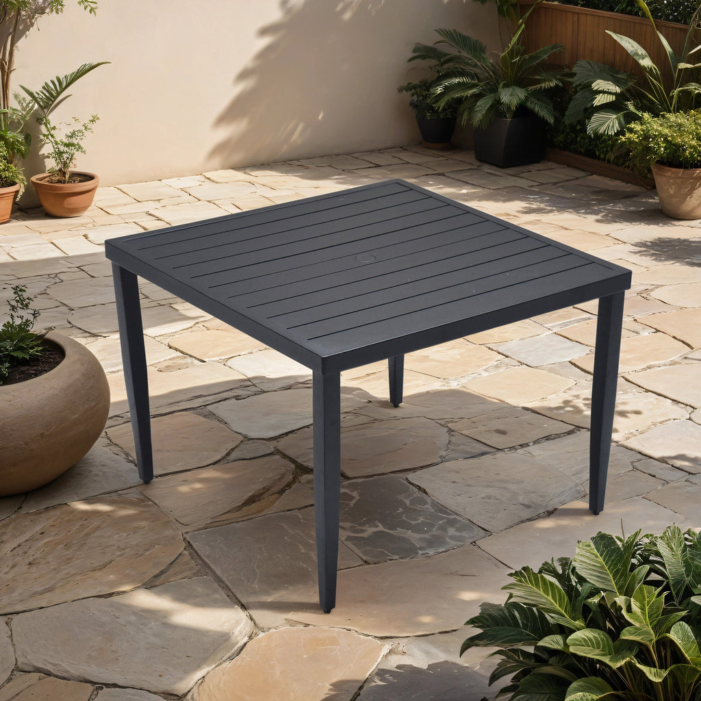 Outdoor Patio Aluminum 40'x40' Square Dining Table with Tapered Feet & 2'Umbrella Hole, Ember Black