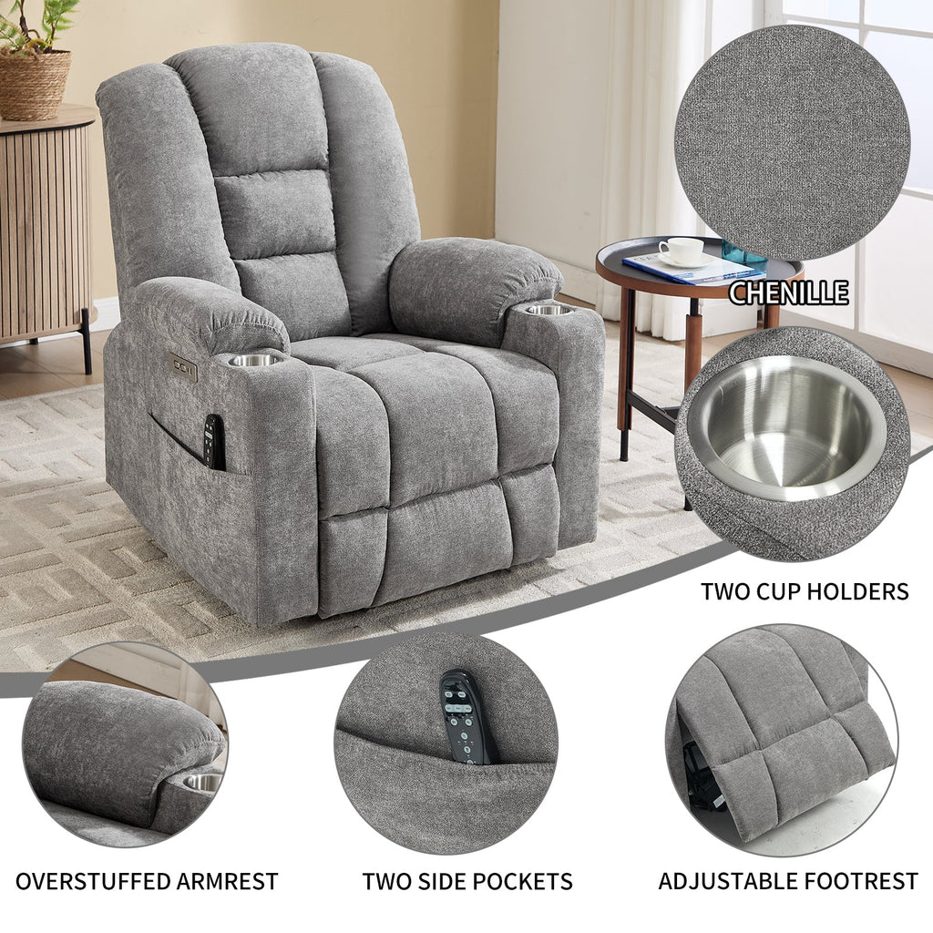 Power Lift Recliner Chair with Massage and Heat for Elderly, Overstuffed Wide Recliners, Heavy Duty Motion Mechanism with USB and Type C Ports, 2 Steel Cup Holders, Light Grey
