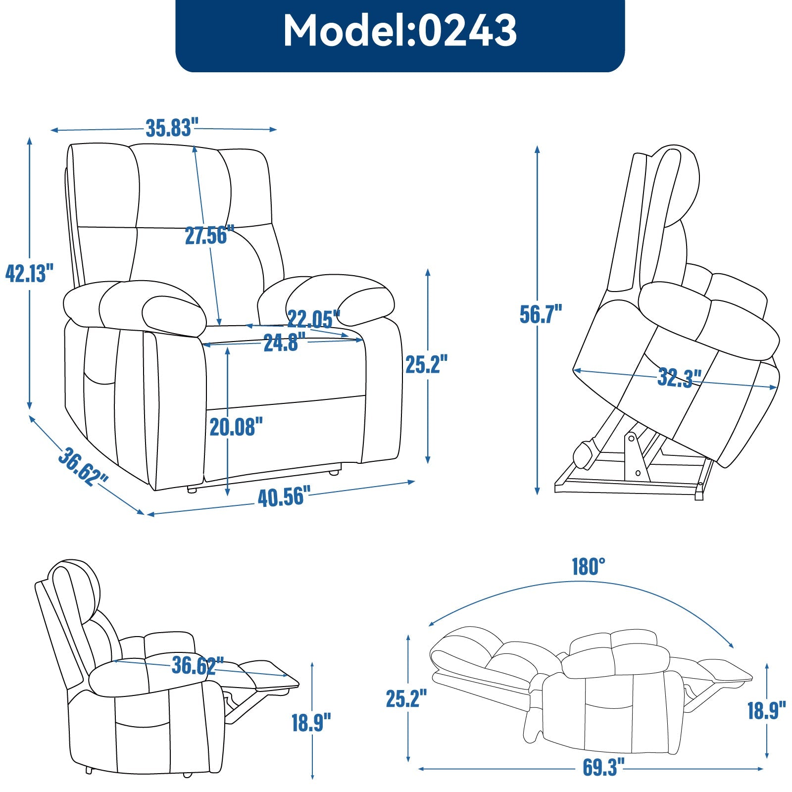 Blue Heat Massage Dual Motor Infinite Position Up to 350 LBS Large Electric Power Lift Recliners with Hidden Cup Holders, Power-Remote, Medium-firm and Heavy Duty