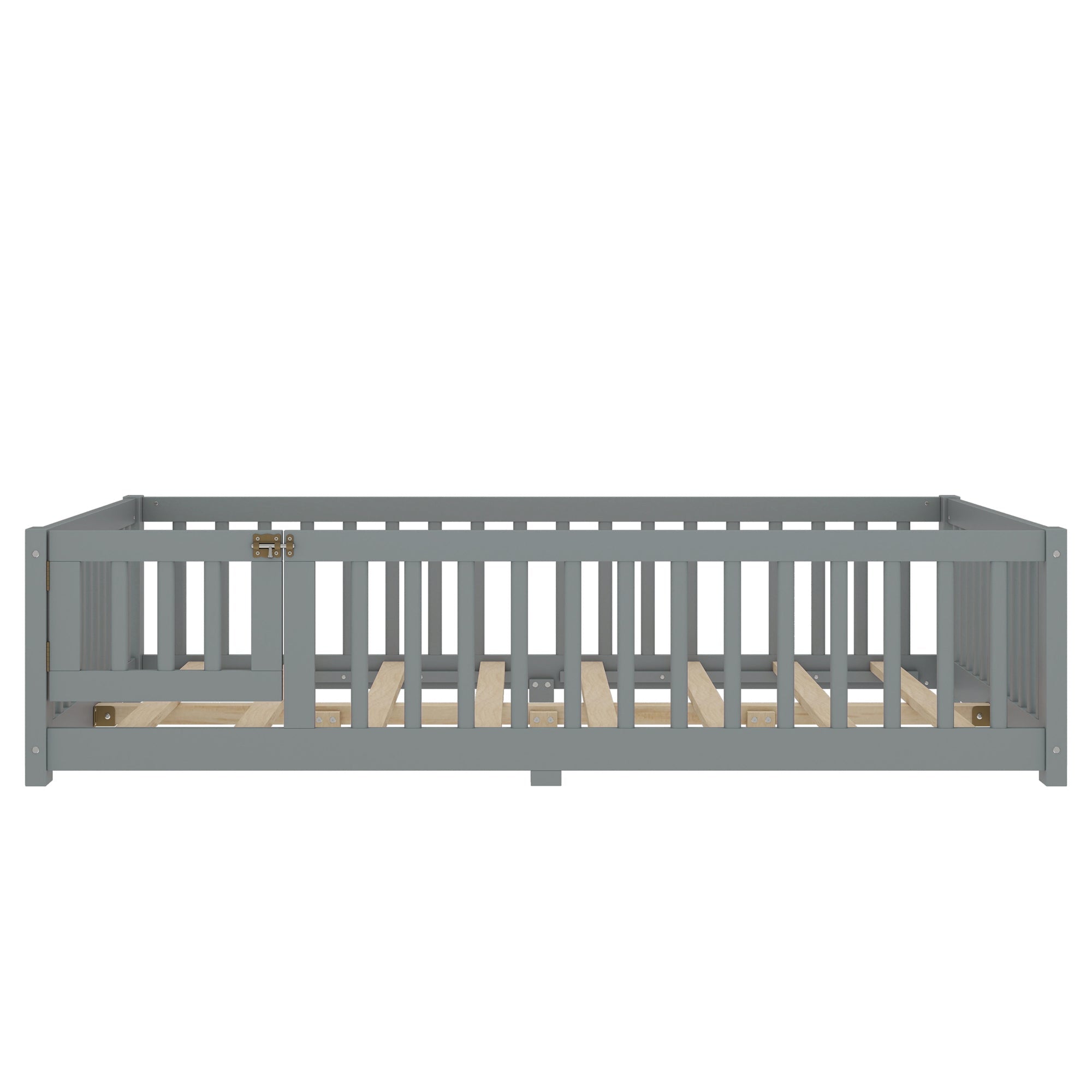 Full Size Bed Floor Bed with Safety Guardrails and Door for Kids, Gray(Old SKU: W1580P154626)