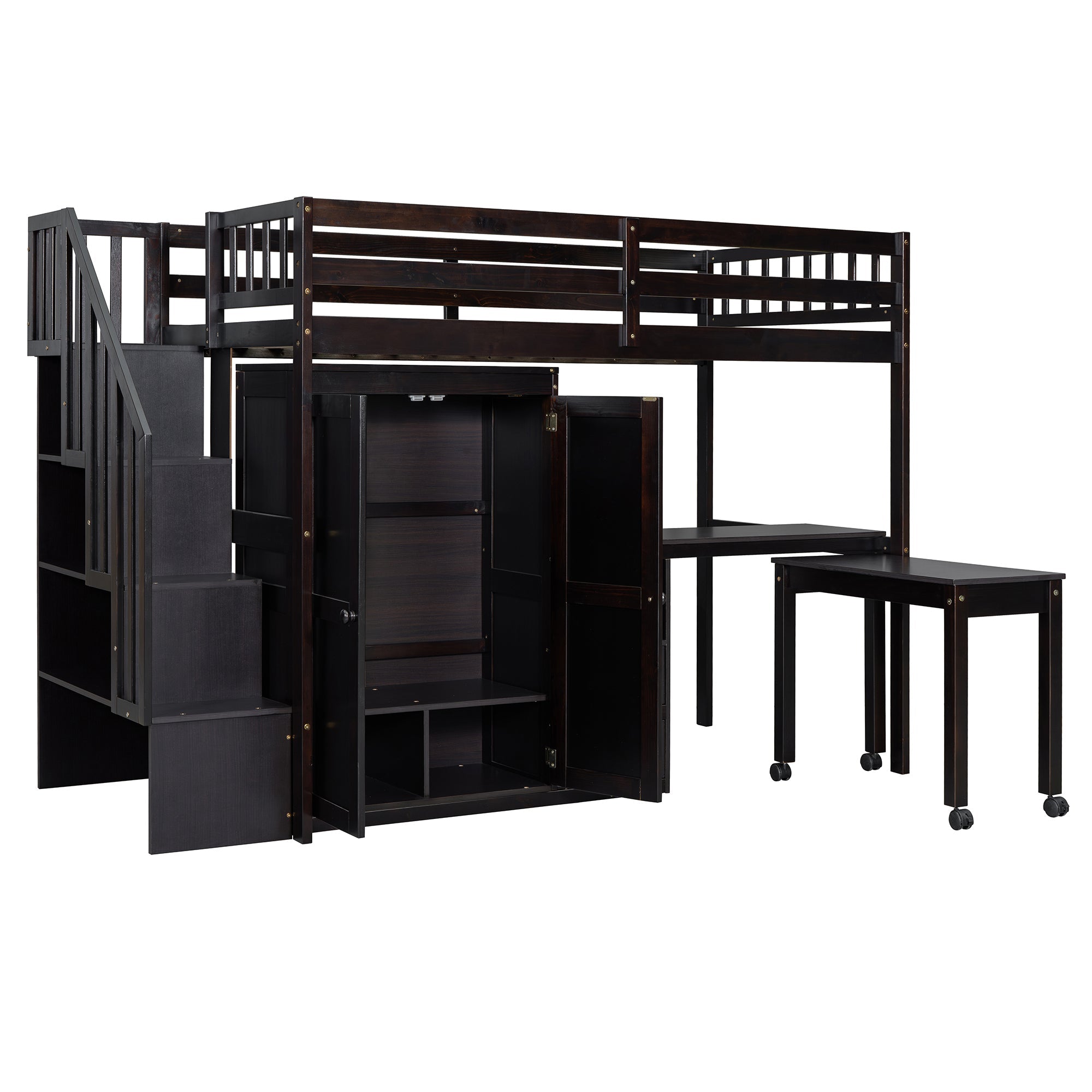 Twin Size Loft Bed with Stairs, Bookshelf, Drawers, Desk & Wardrobe – Space-Saving Multifunctional Furniture for Kids & Teens-Espresso