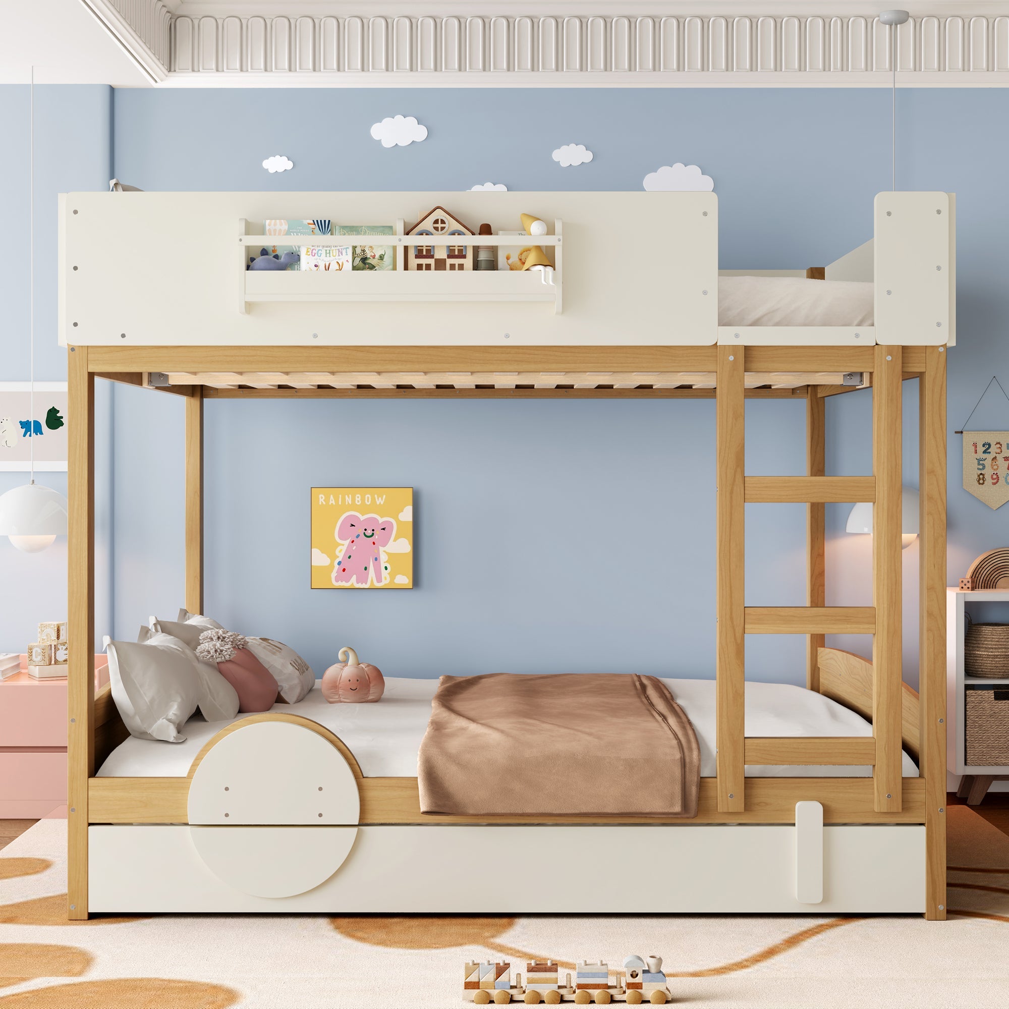 Queen Bunk Bed with Trundle , Wood Bunk Bed Frame with Built-in Bookshelf and High-quality Safety Guardrail,Automobile Form Design for Kids,Natural＆Beige
