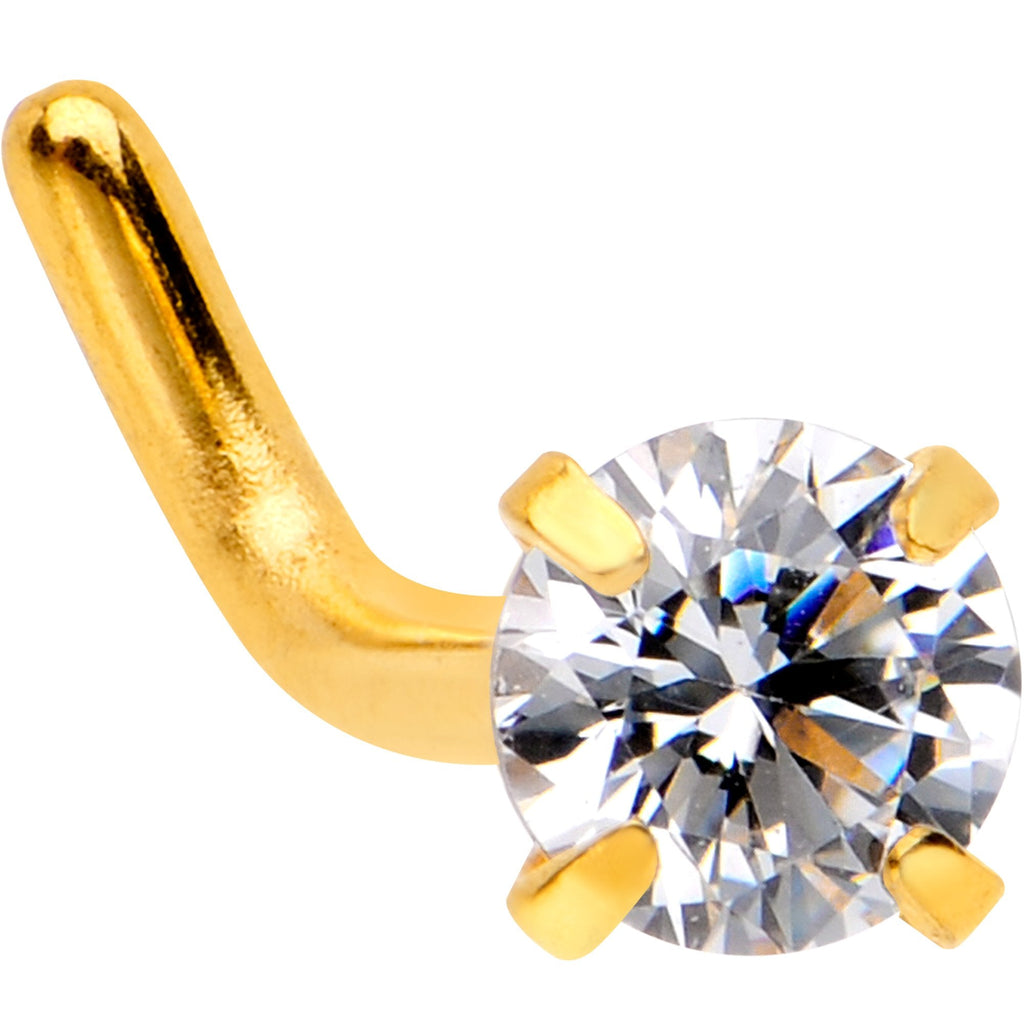 18G 1/4 Clear 3mm CZ Gem Gold IP L-Shape Nose Ring