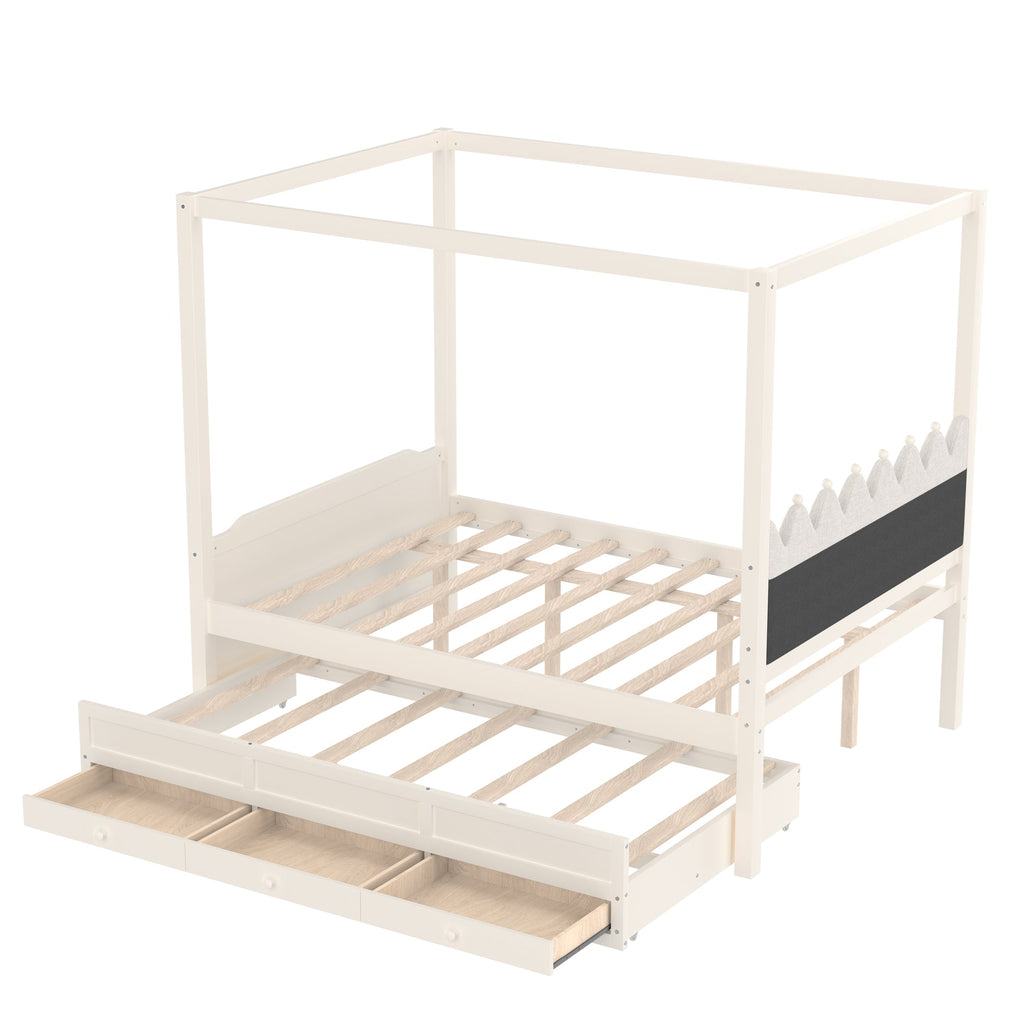 Full Platform Bed with Upholstered Headboard,Twin Size Trundle and 3 Drawers,Princess Canopy Bed Frame for Kids,Storage & Easy Assembly,Beige.