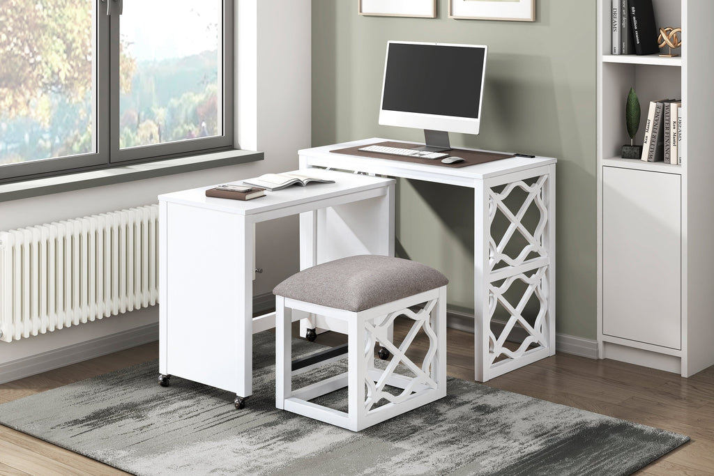 Desks and Stool Set 3pc White Finish Rolling Desk with Casters, 2 Charging ports Home Office Furniture