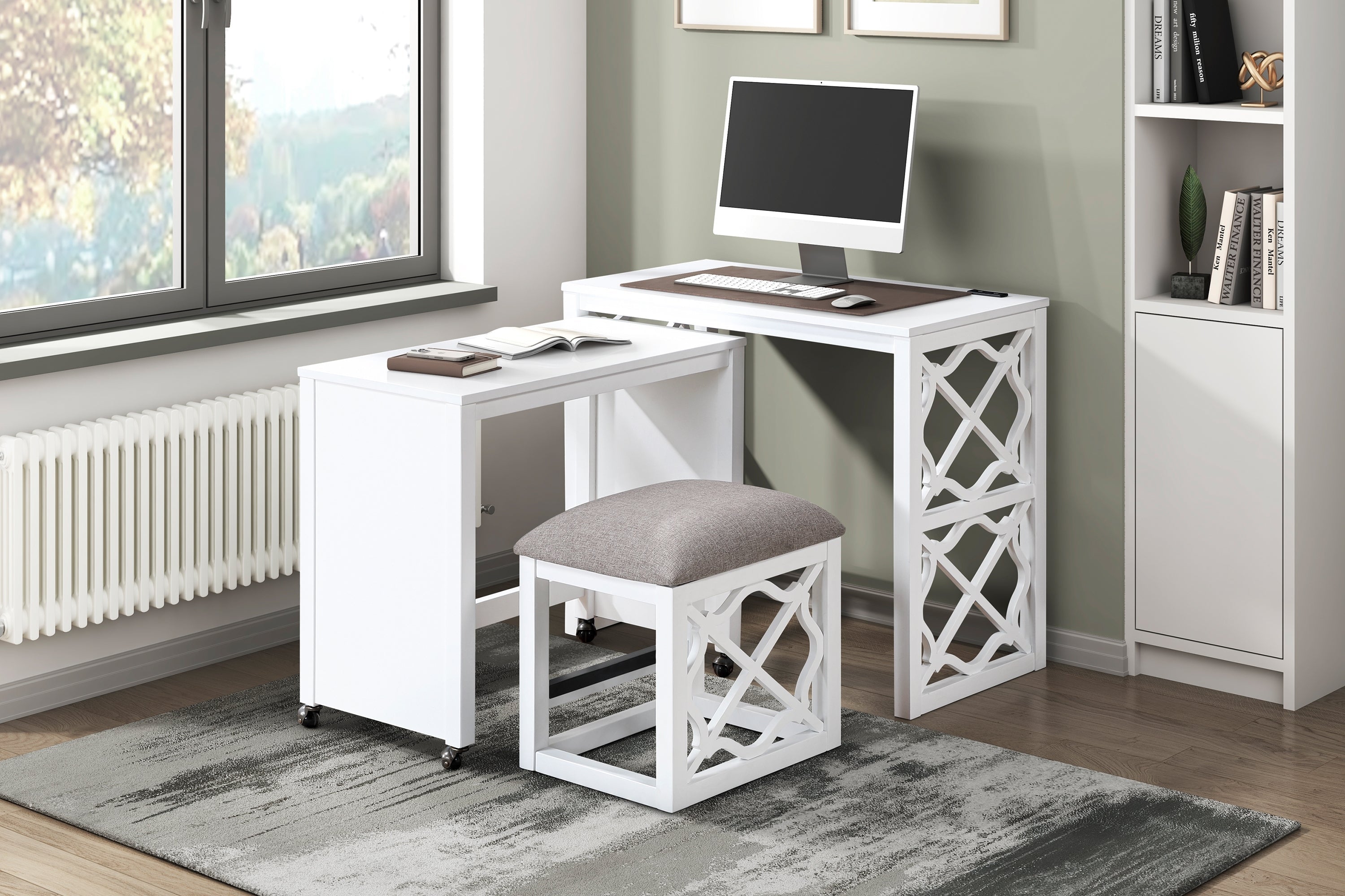 Desks and Stool Set 3pc White Finish Rolling Desk with Casters, 2 Charging ports Home Office Furniture