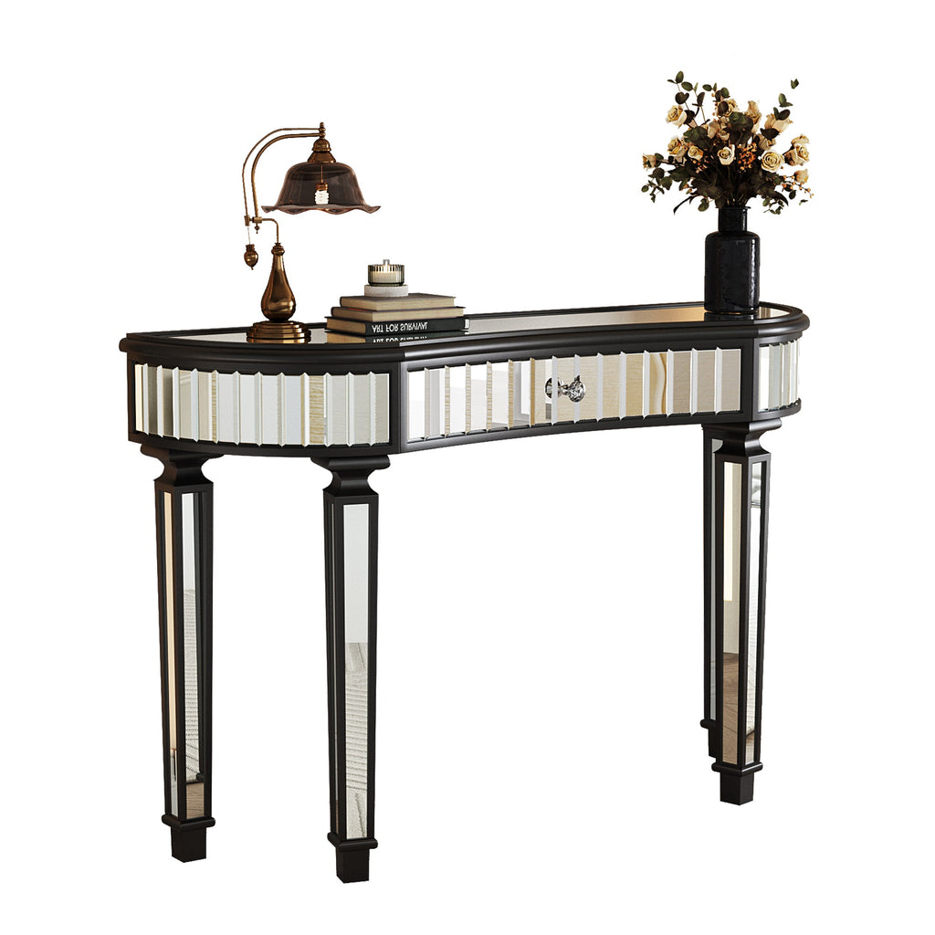 47' Half-Moon Mirrored Console Table with Fluted Glass & Crystal Knob Drawer - Silver Entryway Vanity Desk for Bedroom/Dressing Room(Black+Sliver)