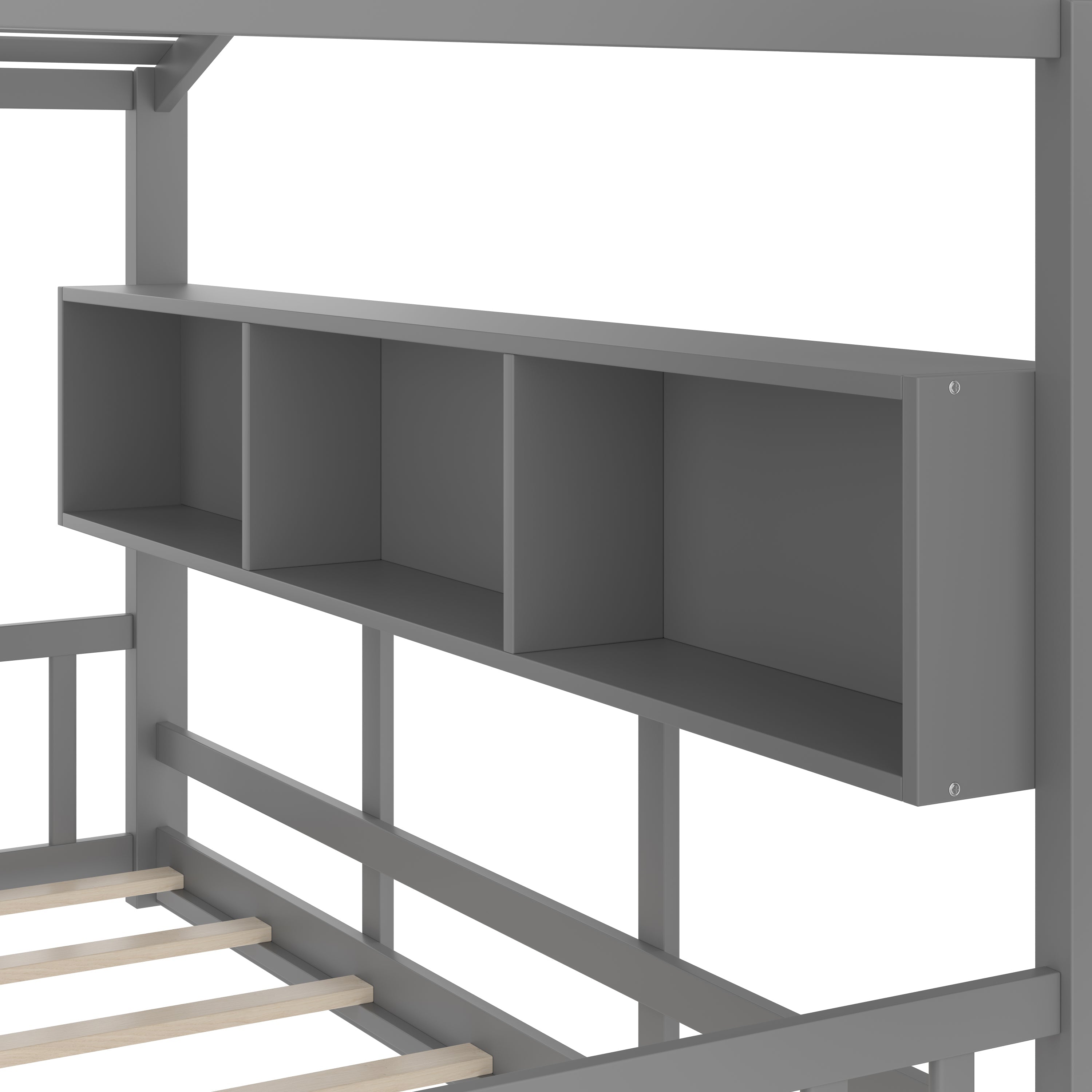 Full Size Floor House Bed for Toddler, Kids Montessori Bed  with Storage Shelf, Playhouse Bed with Roof Design, Gray