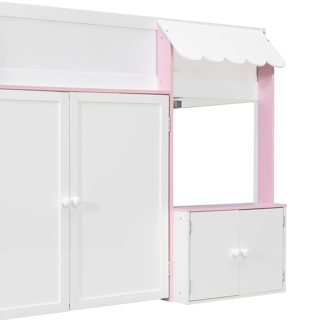 Full Loft House Bed with Playhouse & Storage, Modern Wood Cabin Bed for Kids/Teens, White+Pink