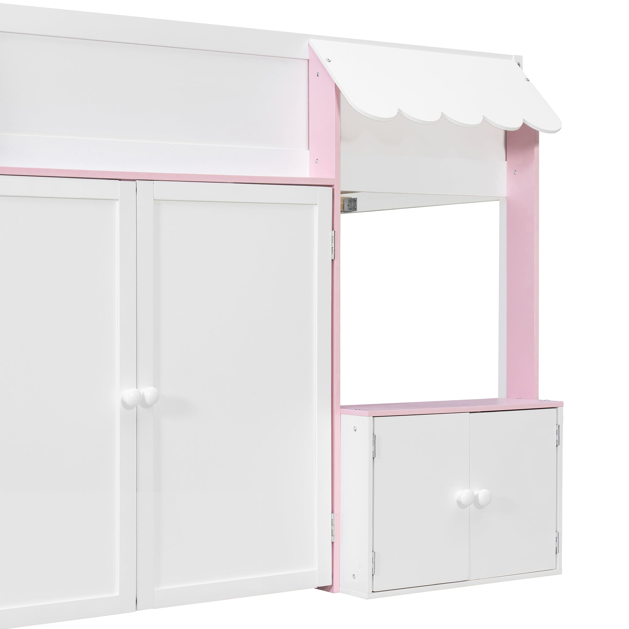 Full Loft House Bed with Playhouse & Storage, Modern Wood Cabin Bed for Kids/Teens, White+Pink