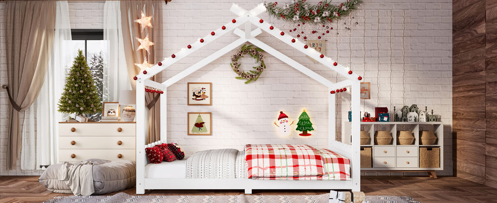 Full House Floor Bed with Support Slats, Solid Wood House Bed Frame for Kids, No Box Spring Needed and Opening Constructure, White