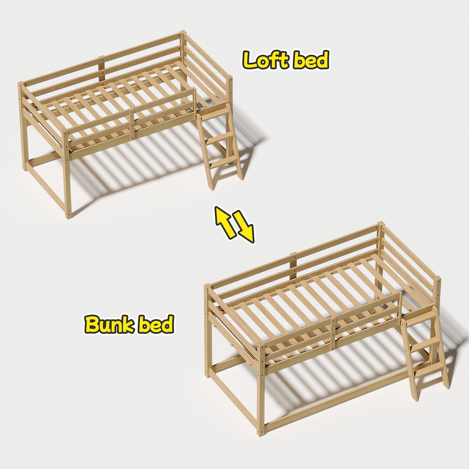 Kids Twin Low Loft Bed - Convertible to Bunk Bed, Solid Wood Modern Bed Frame with LED Strip Lighting, OAK.