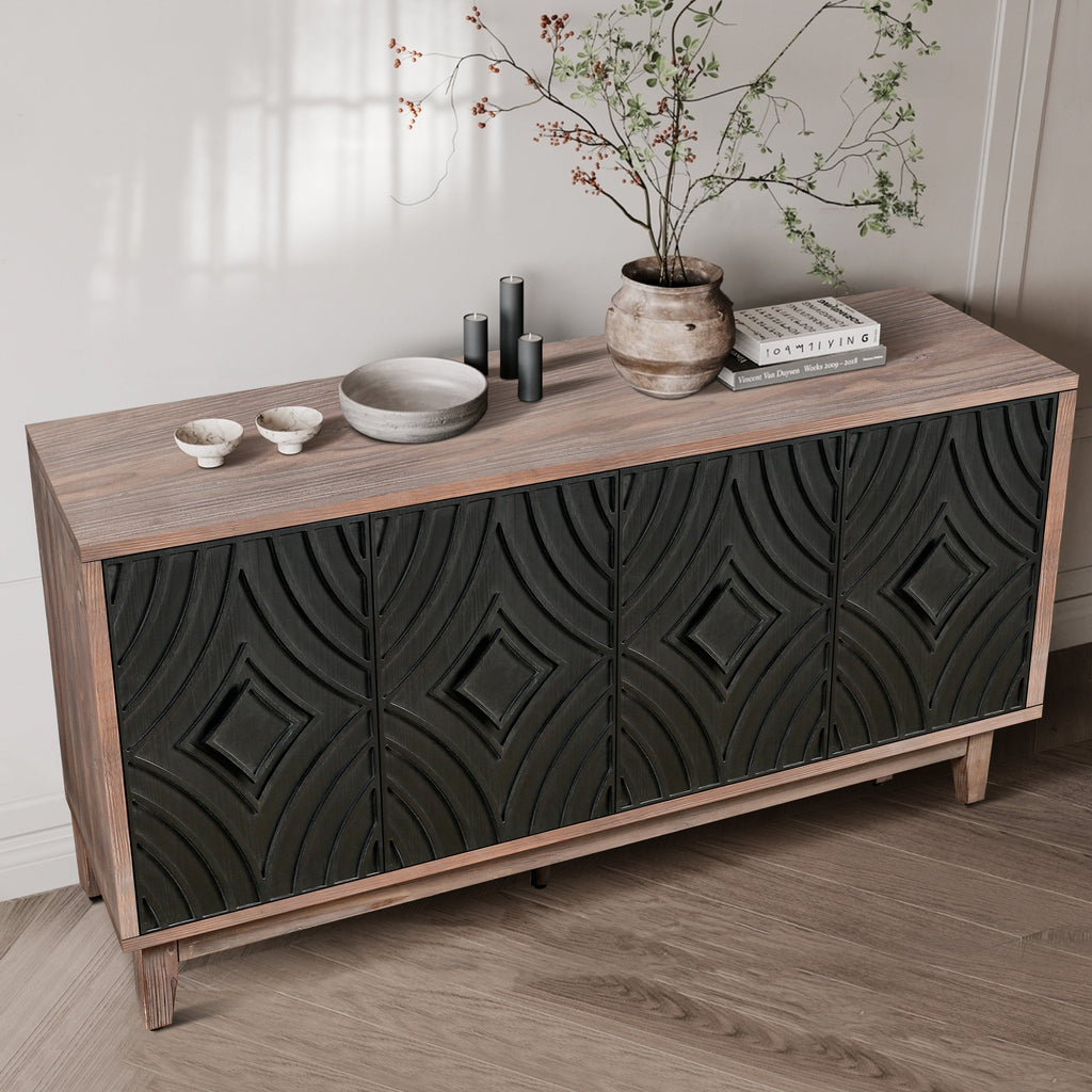 Mid Century Sideboard Buffet Cabinet with Solid Wood Legs 60" Kitchen Storage Cabinet Credenza with 4 Convex pattern diamond Doors and 2 Shelves Accent Console Table for Living Room Entrance Hall etc