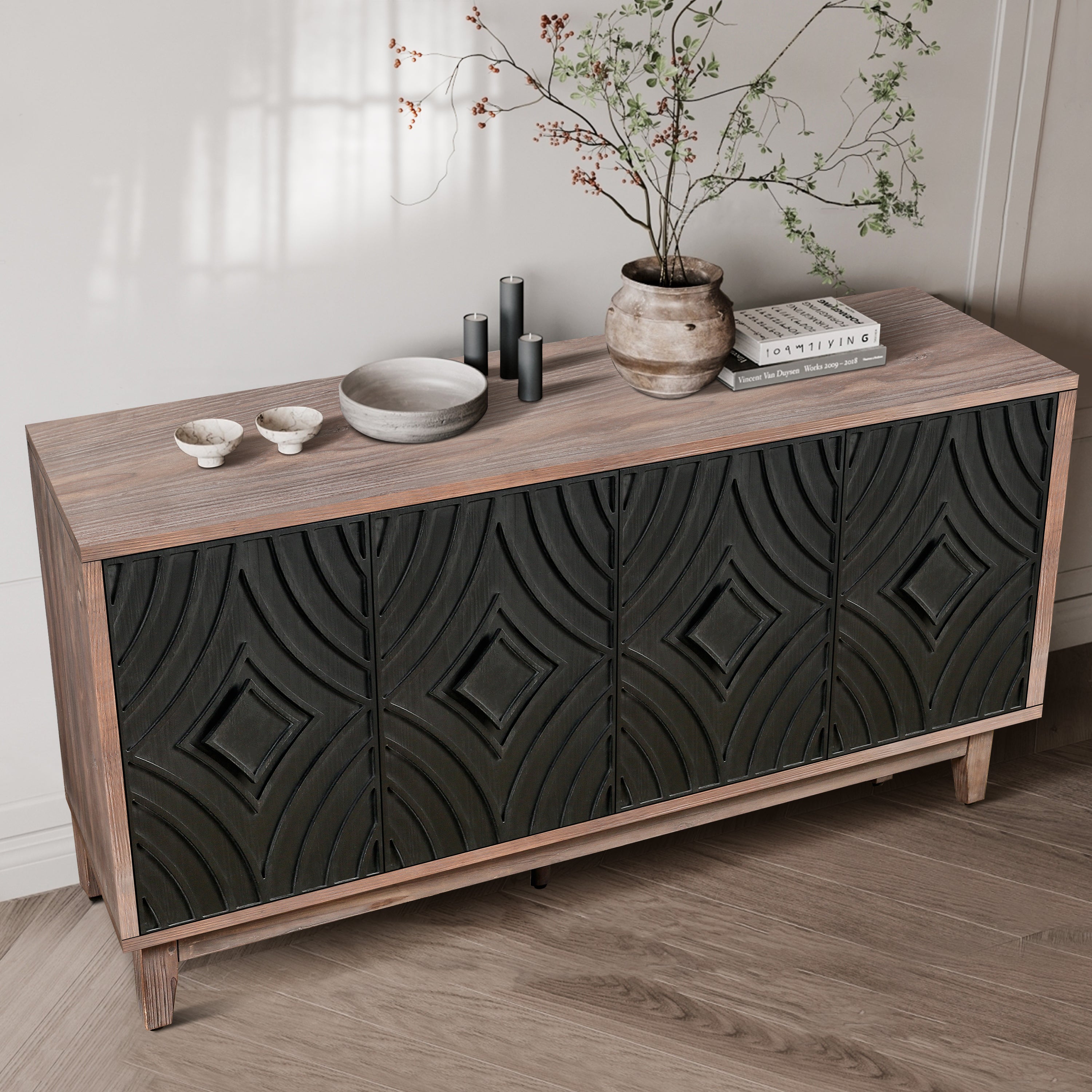 Mid Century Sideboard Buffet Cabinet with Solid Wood Legs 60" Kitchen Storage Cabinet Credenza with 4 Convex pattern diamond Doors and 2 Shelves Accent Console Table for Living Room Entrance Hall etc