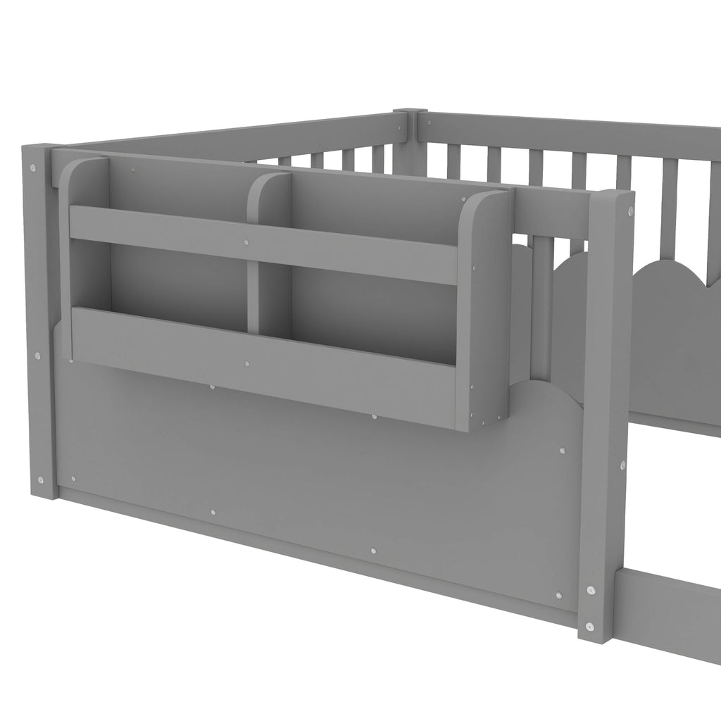 Twin Floor bed with Heightened Fence and bookshelf ,Wood Floor Bed for Kids, Gray.