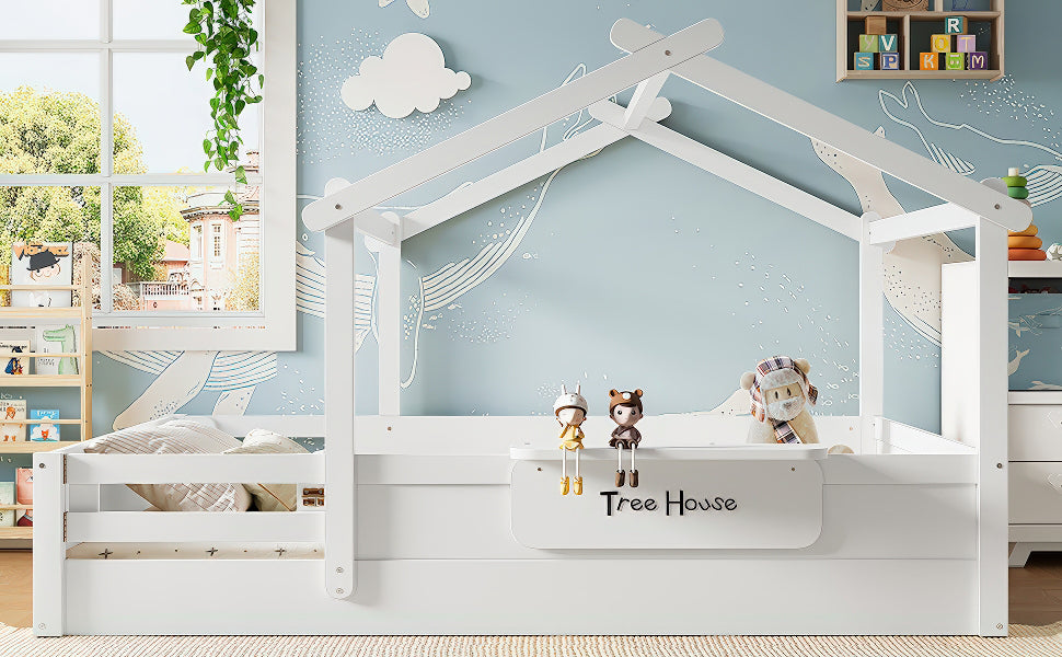 Queen Size Floor Bed with Guardrails and Roof, Kids House Floor Bed with a Small Built-in Tray and Free-installed Signboard, Childlike Design, White