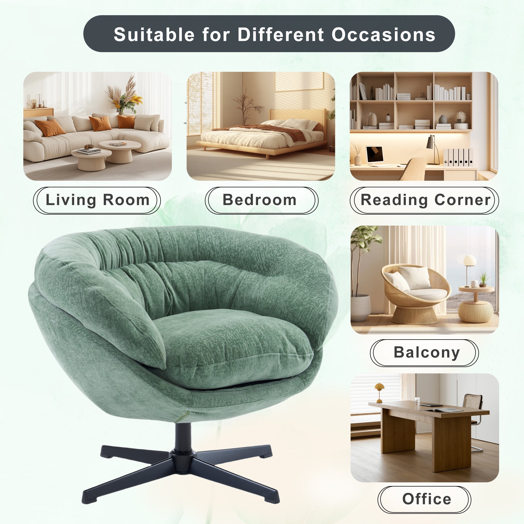 Modern Chenille Office Chair, 360° Swivel Club Chair/Accent Chair with Removable Cushion, Round Office Chair, Black Metal Base, Cotton Material, Living Room, Bedroom, Reading Corner, Office (Green)