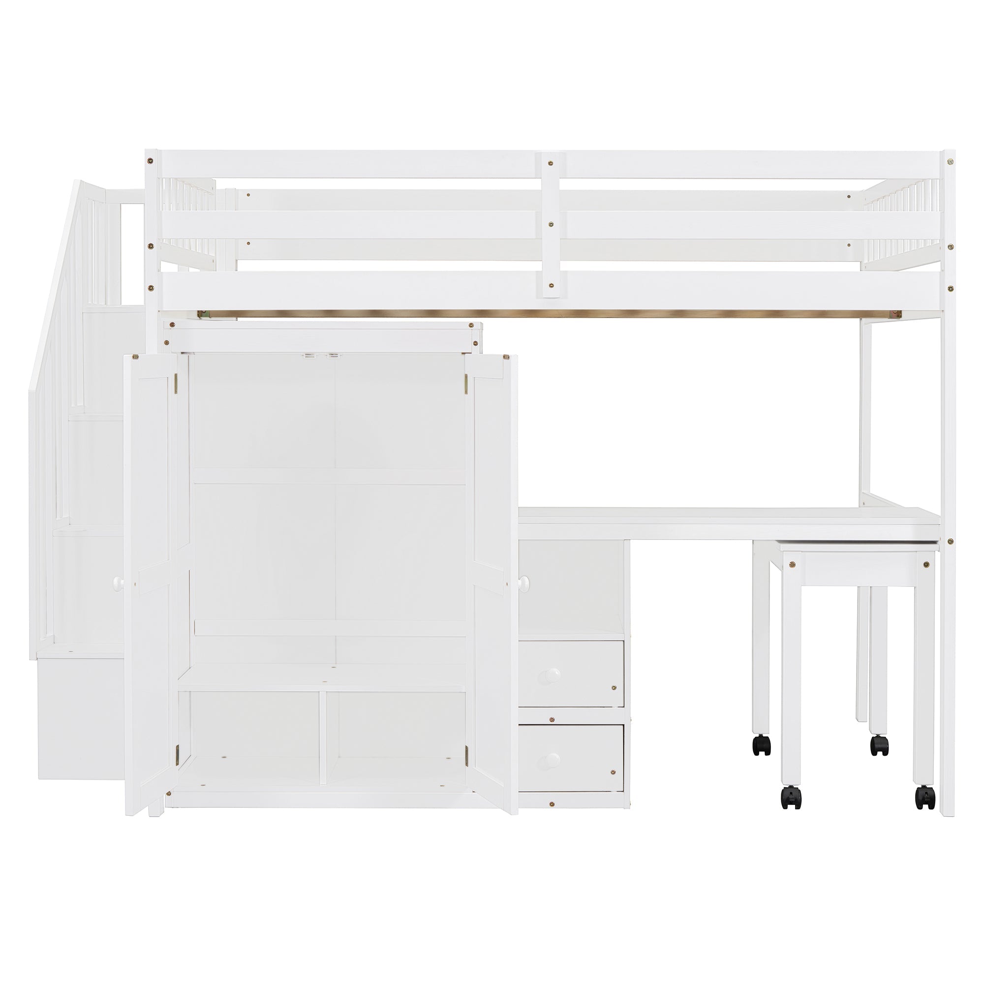 Full Size Loft Bed with Stairs, Bookshelf, Drawers, Desk & Wardrobe – Space-Saving Multifunctional Furniture for Kids & Teens-White