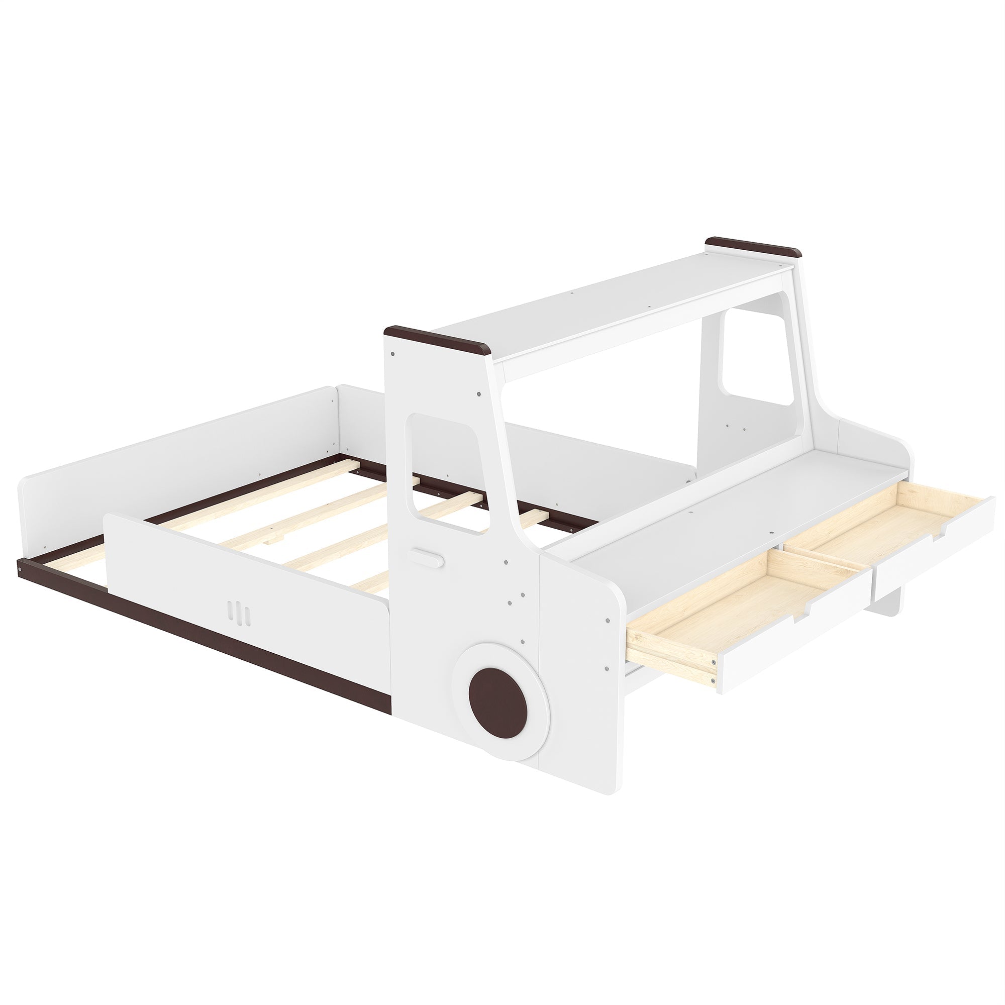 Full Size Floor Bed with Interesting Car-shape Design, Kids Car Floor Bed with Storage Drawers, Window, and Desk, Childlike Design, White