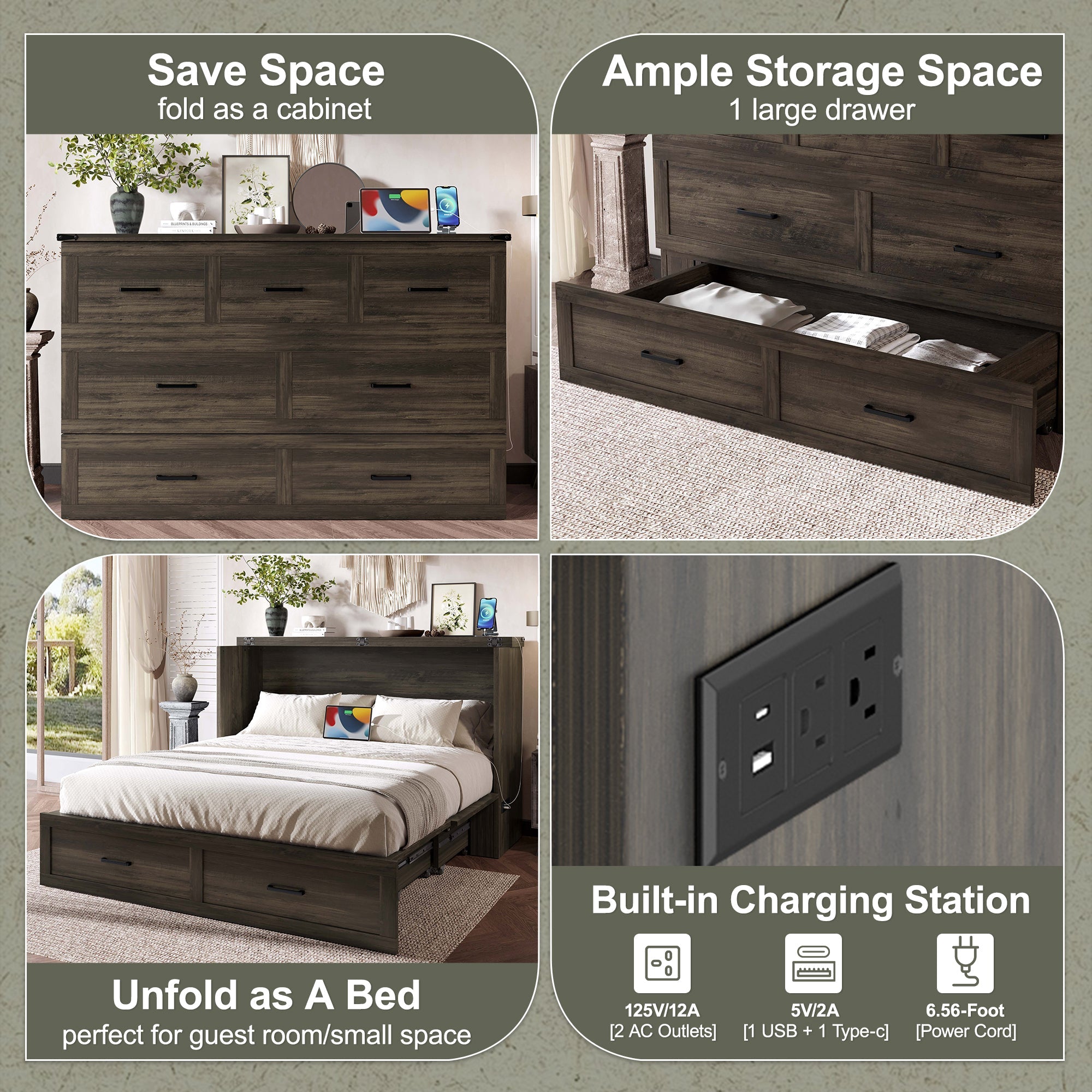Murphy Bed Cabinet Queen Size with Charging Station, Multi-Functional Foldable Platform Bed with 1 Large Storage Drawer for Guest Room, Small Bedroom, Rustic Gray