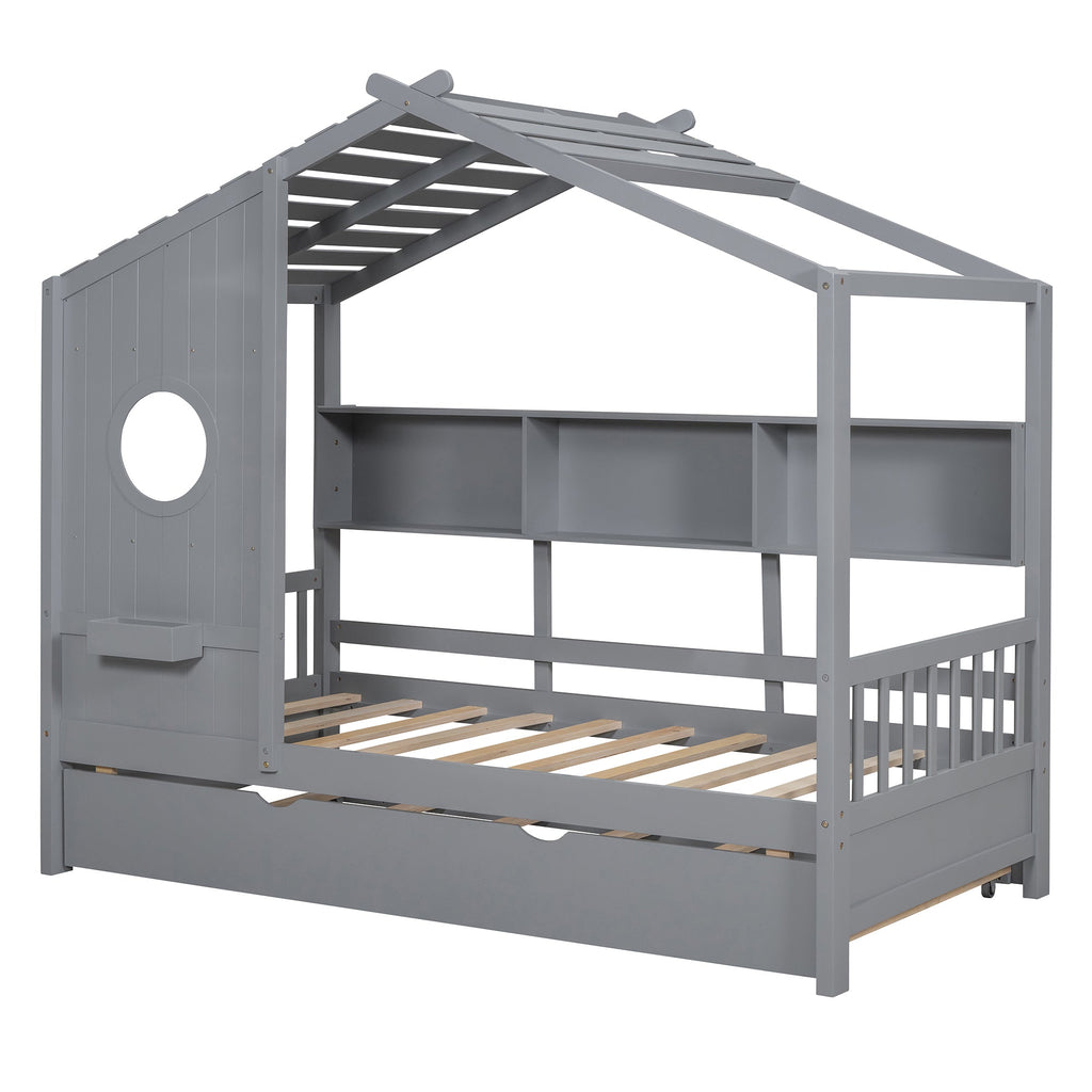 Wooden Twin Size House Bed With Trundle, Modern Design for Kids with Storage Shlef, Gray(old SKU HL000094AAE)