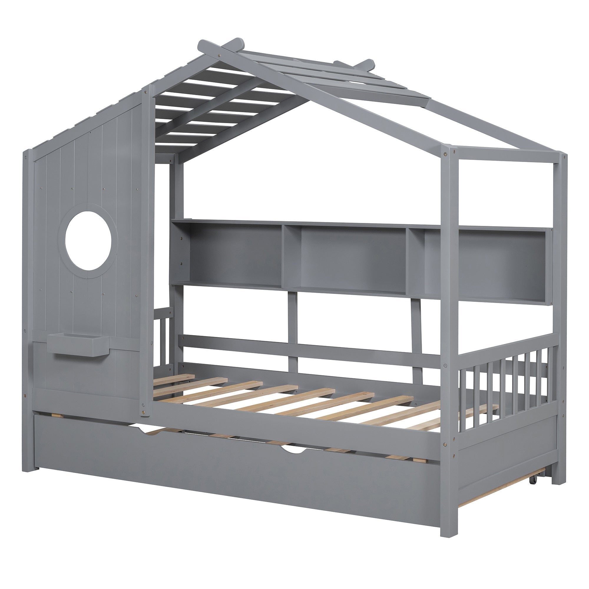 Wooden Twin Size House Bed With Trundle, Modern Design for Kids with Storage Shlef, Gray(old SKU HL000094AAE)