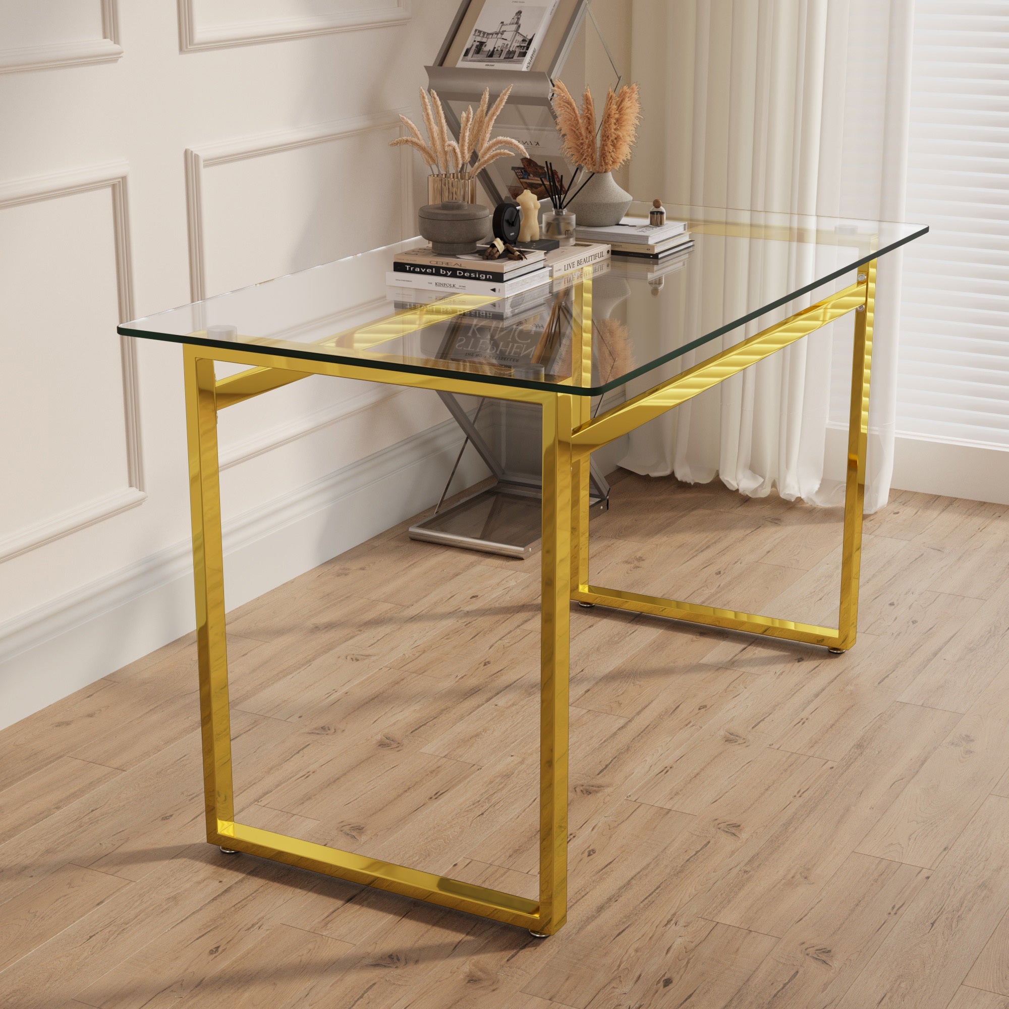 Modern Minimalist Rectangular Glass Dining Table with Tempered Glass Tabletop and Golden Chrome Metal Legs for 4-6