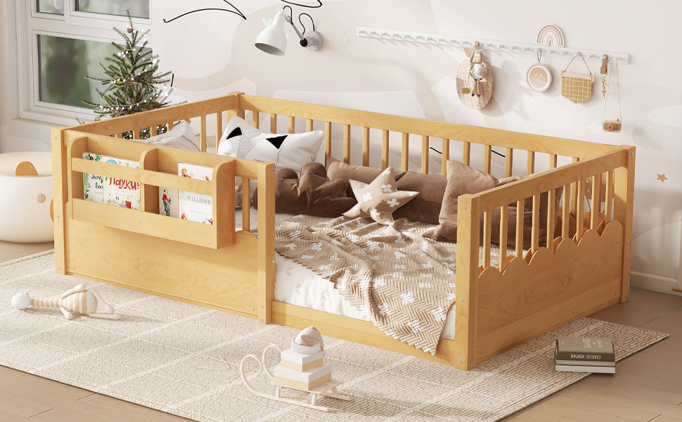 Twin Floor bed with Heightened Fence and bookshelf ,Wood Floor Bed for Kids, Natural.