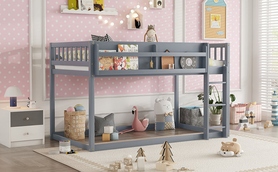 Low Twin Over Twin Bunk Bed, Floor Bunk Bed with Ladder, Solid Wood Twin Bunk Bed for Kids & Juniors, Grey(Expect Arrival Date 2025/11/25)