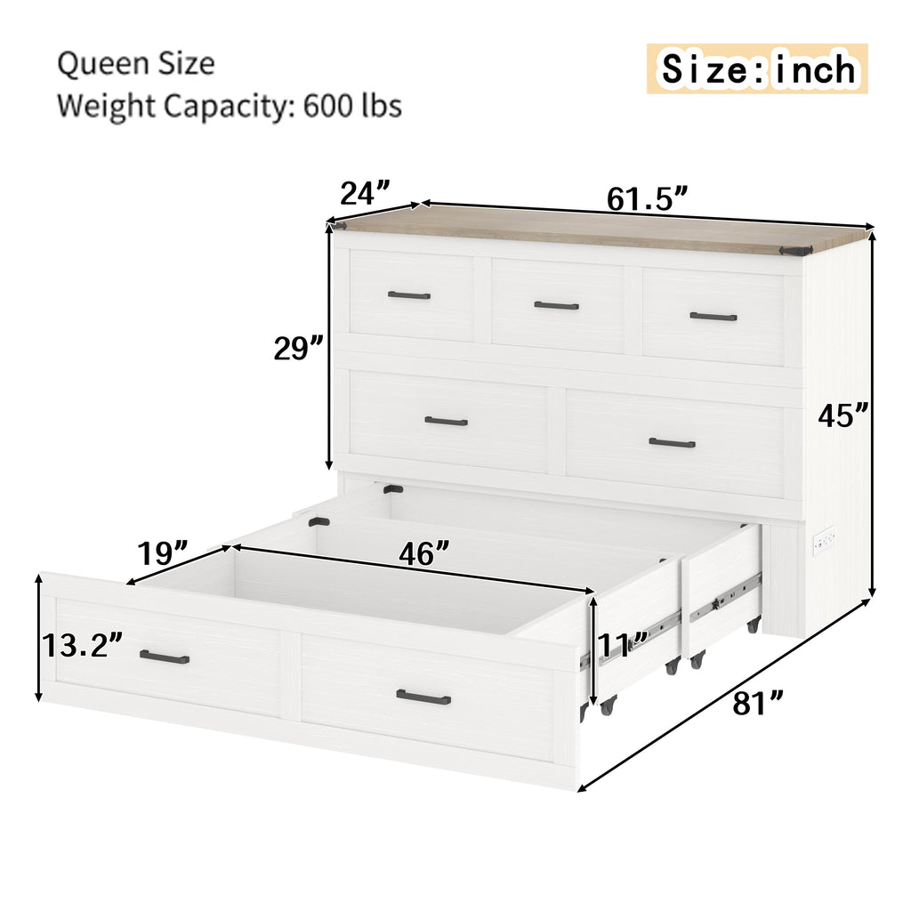 Murphy Bed Cabinet Queen Size with Charging Station, Multi-Functional Foldable Platform Bed with 1 Large Storage Drawer for Guest Room, Small Bedroom, White