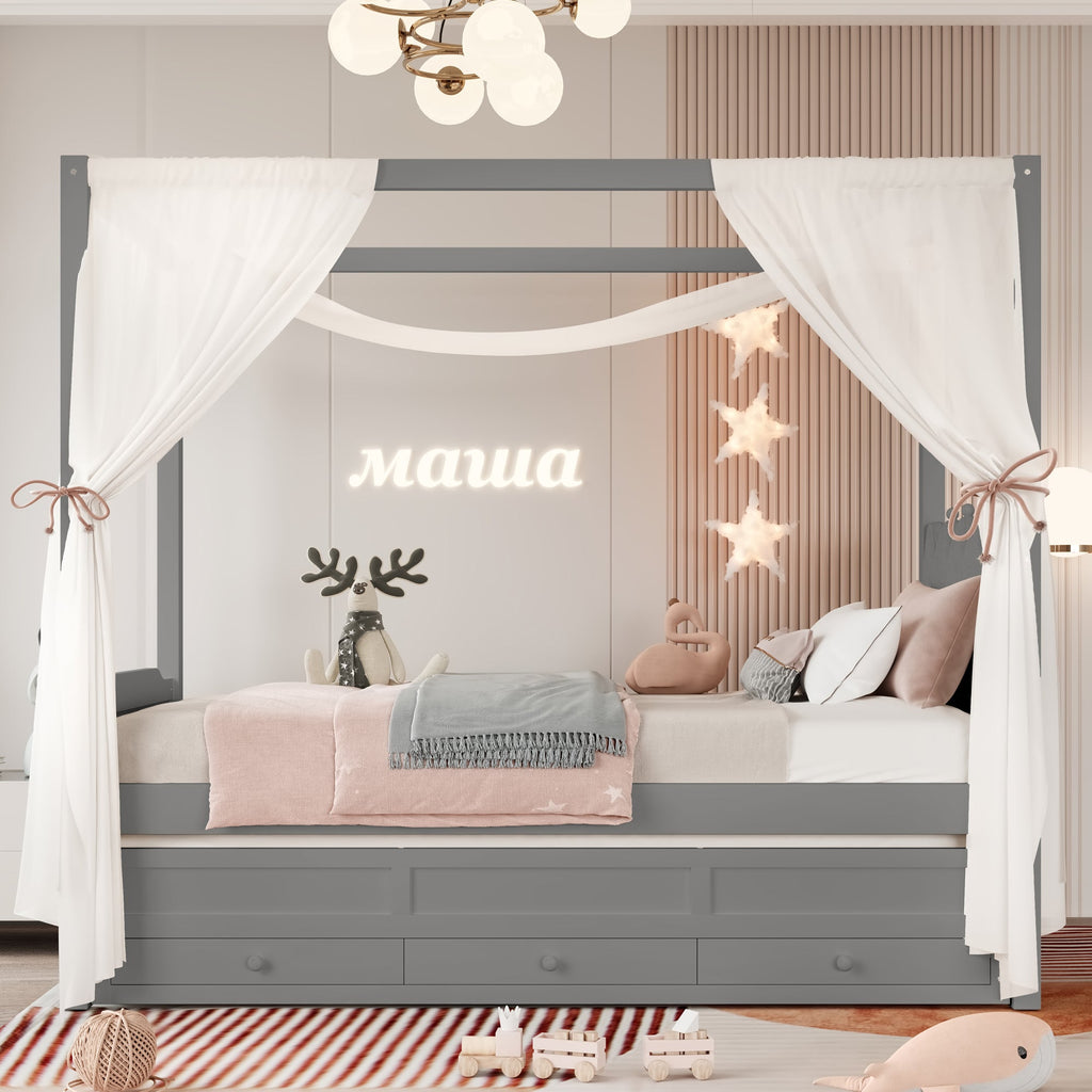 Twin Platform Bed with Upholstered Headboard,Twin Size Trundle and 3 Drawers,Princess Canopy Bed Frame for Kids,Storage & Easy Assembly,Gray