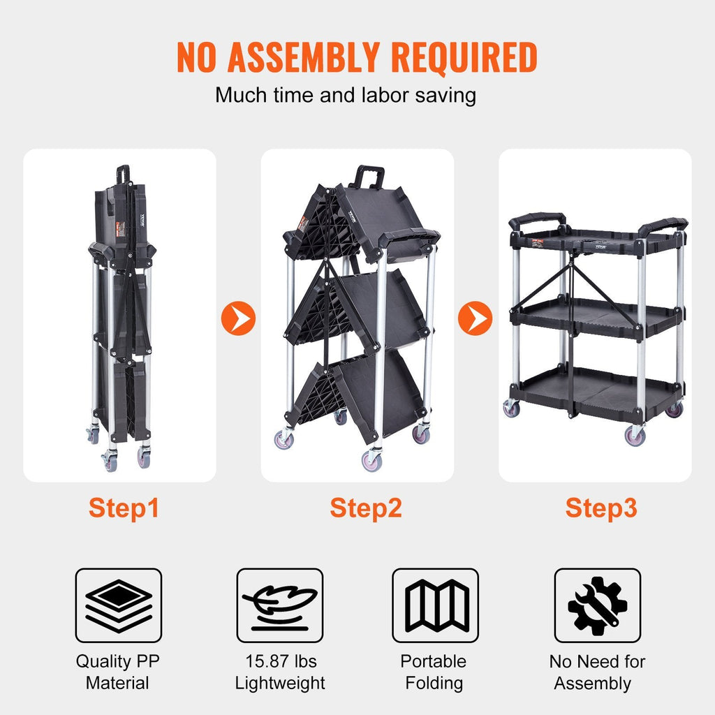 Foldable Utility Service Cart, 3 Shelf 165LBS Heavy Duty Plastic Rolling Cart with Lockable Wheels, Ergonomic Handle, Portable Garage Tool Cart for Warehouse/Office/Home(25.62'x15.43'x32.76')