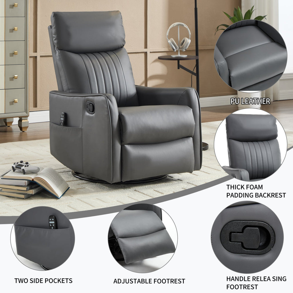 Grey Faux Leather Heat Massage Manual Recliner Chair with Rocker and Swivel for Living Room